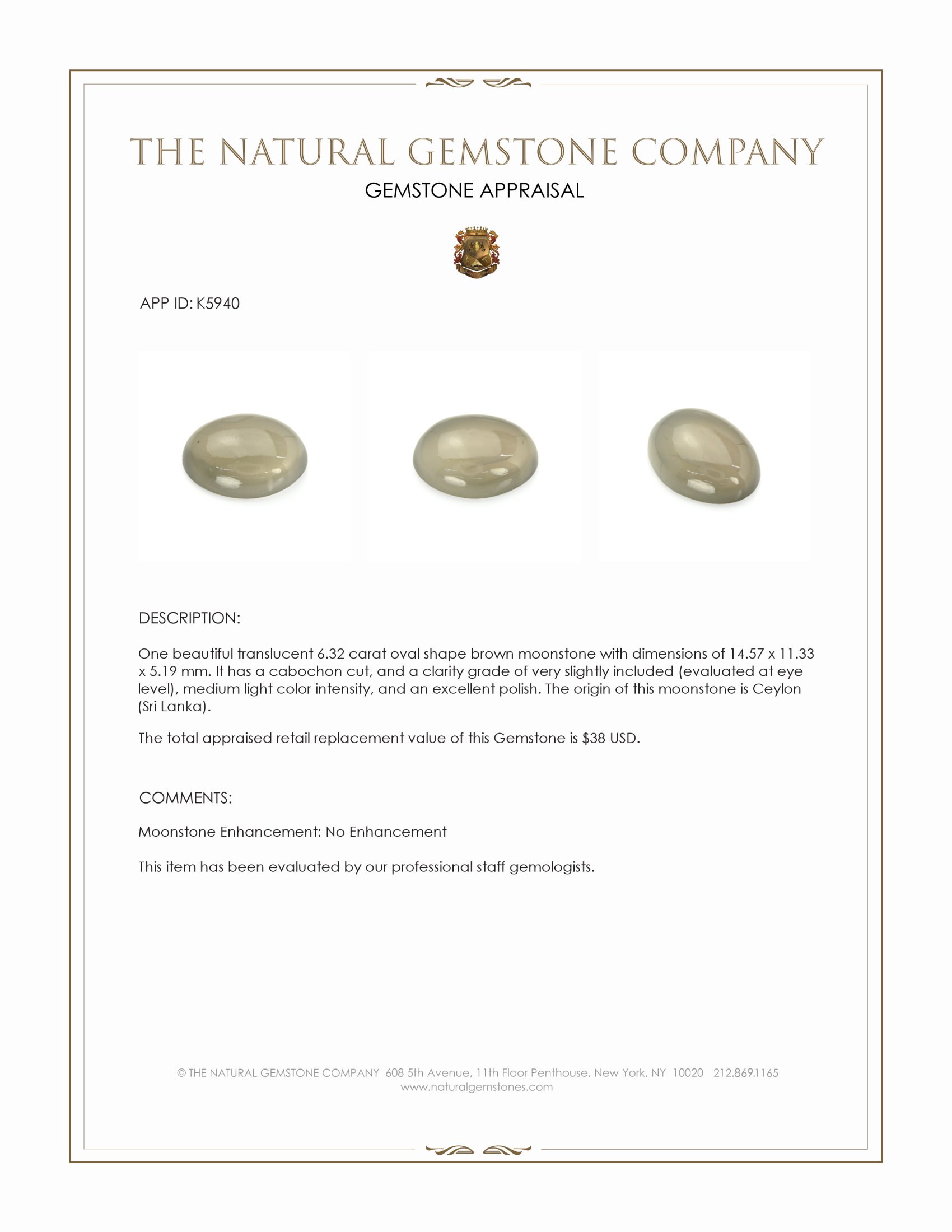 6.32 Ct. Cabochon Moonstone from Ceylon (Sri Lanka)