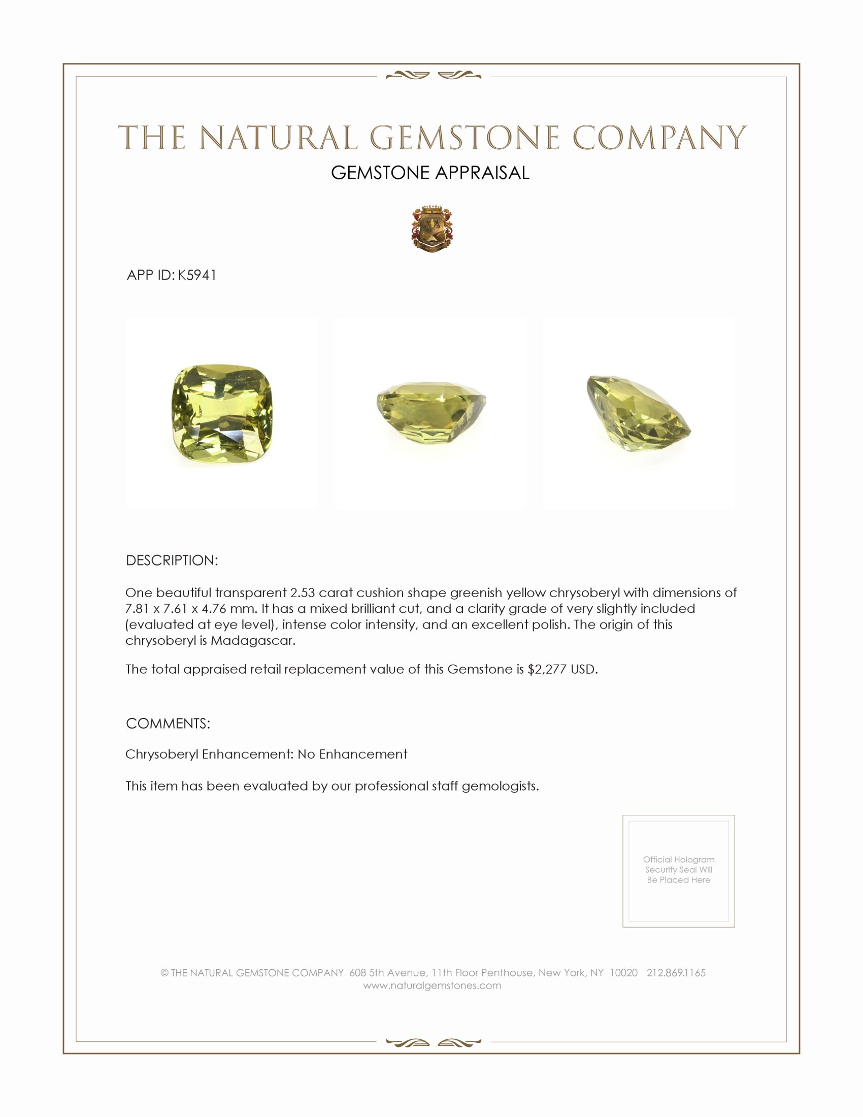 2.53 Ct. Chrysoberyl from Madagascar