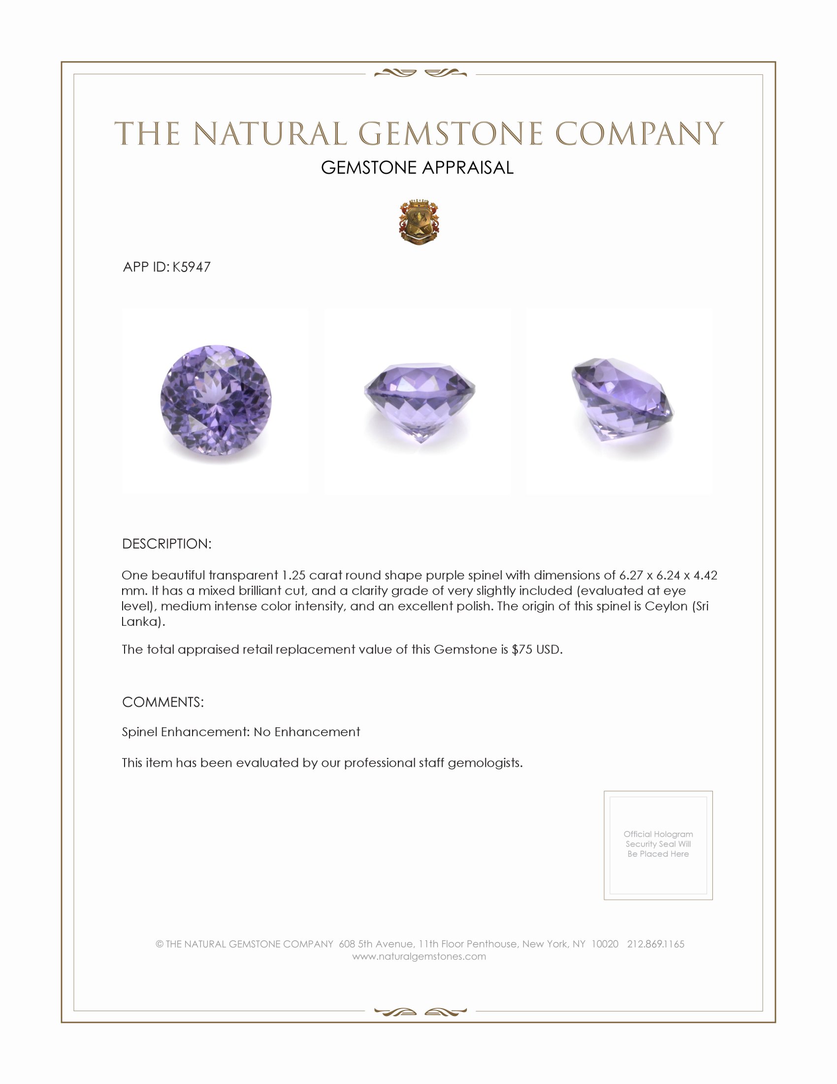 1.25 Ct. Spinel from Ceylon (Sri Lanka)