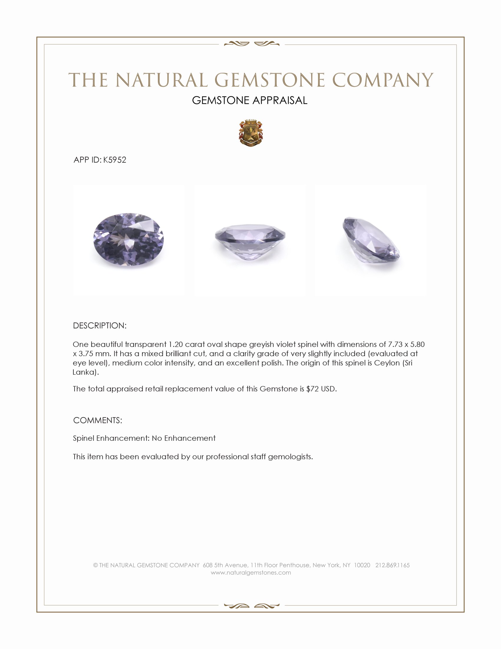1.20 Ct. Greyish Violet Spinel from Ceylon (Sri Lanka)