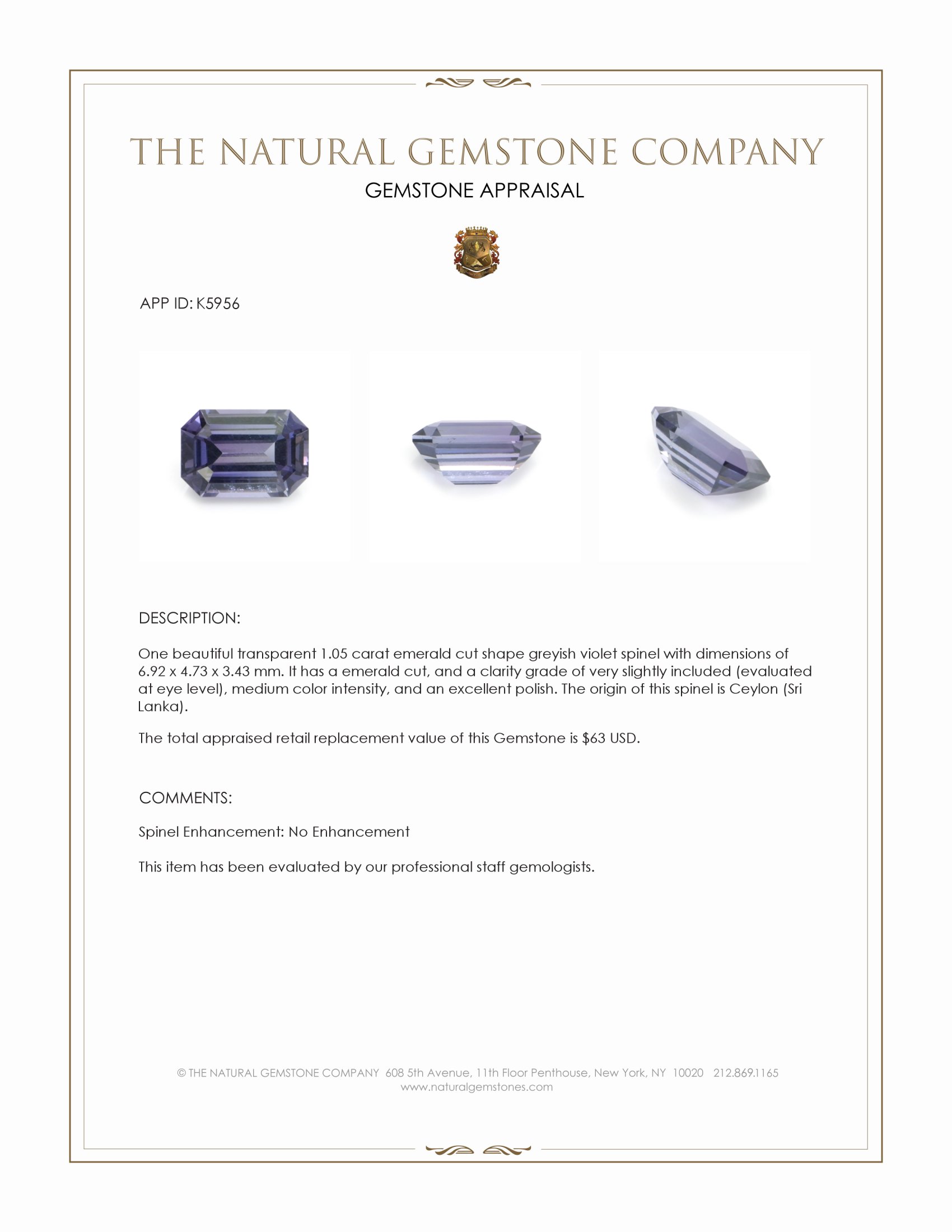 1.05 Ct. Greyish Violet Spinel from Ceylon (Sri Lanka)