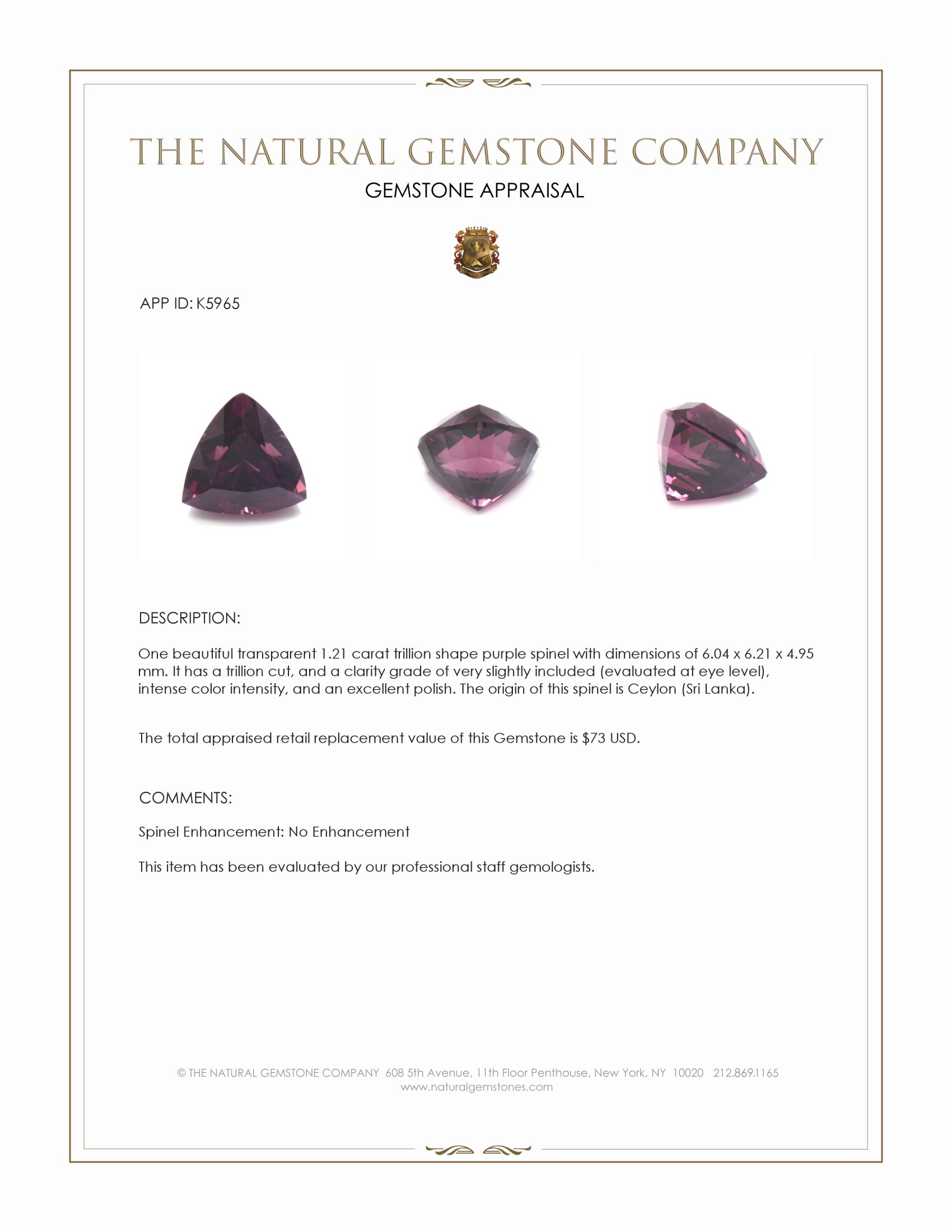 1.21 Ct. Purple Spinel from Ceylon (Sri Lanka)