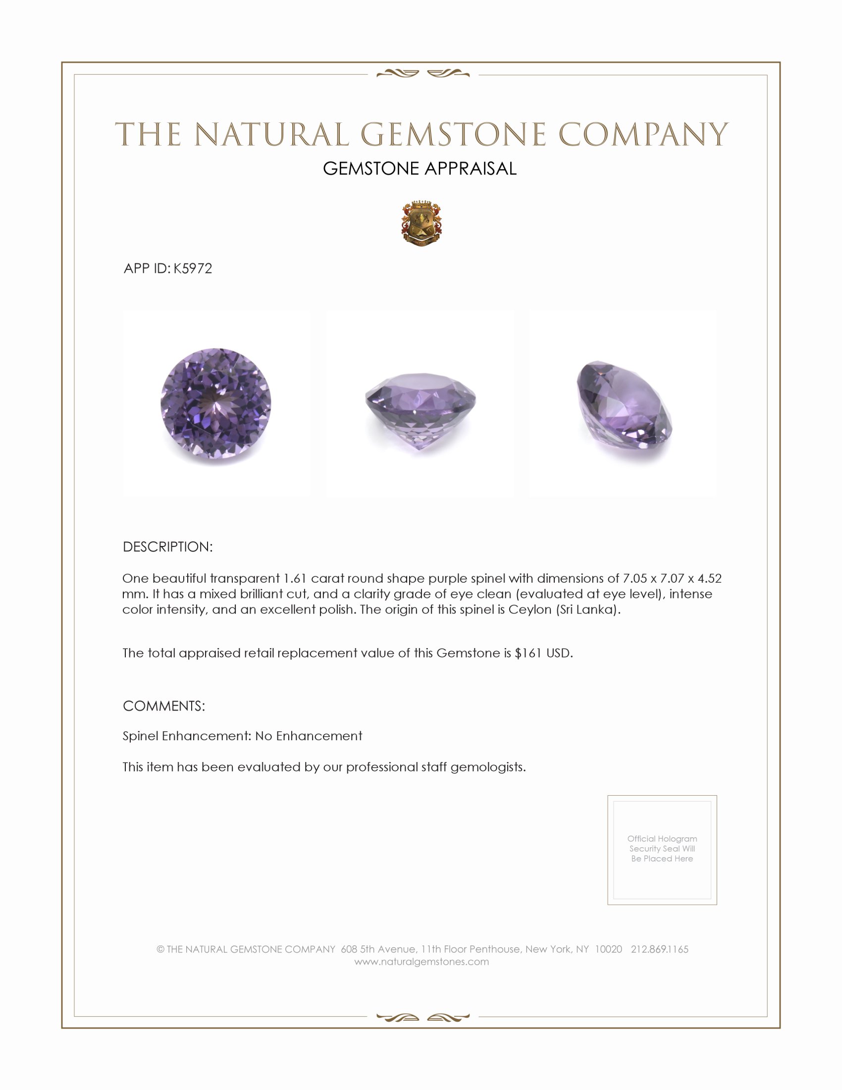 1.61 Ct. Purple Spinel from Ceylon (Sri Lanka)