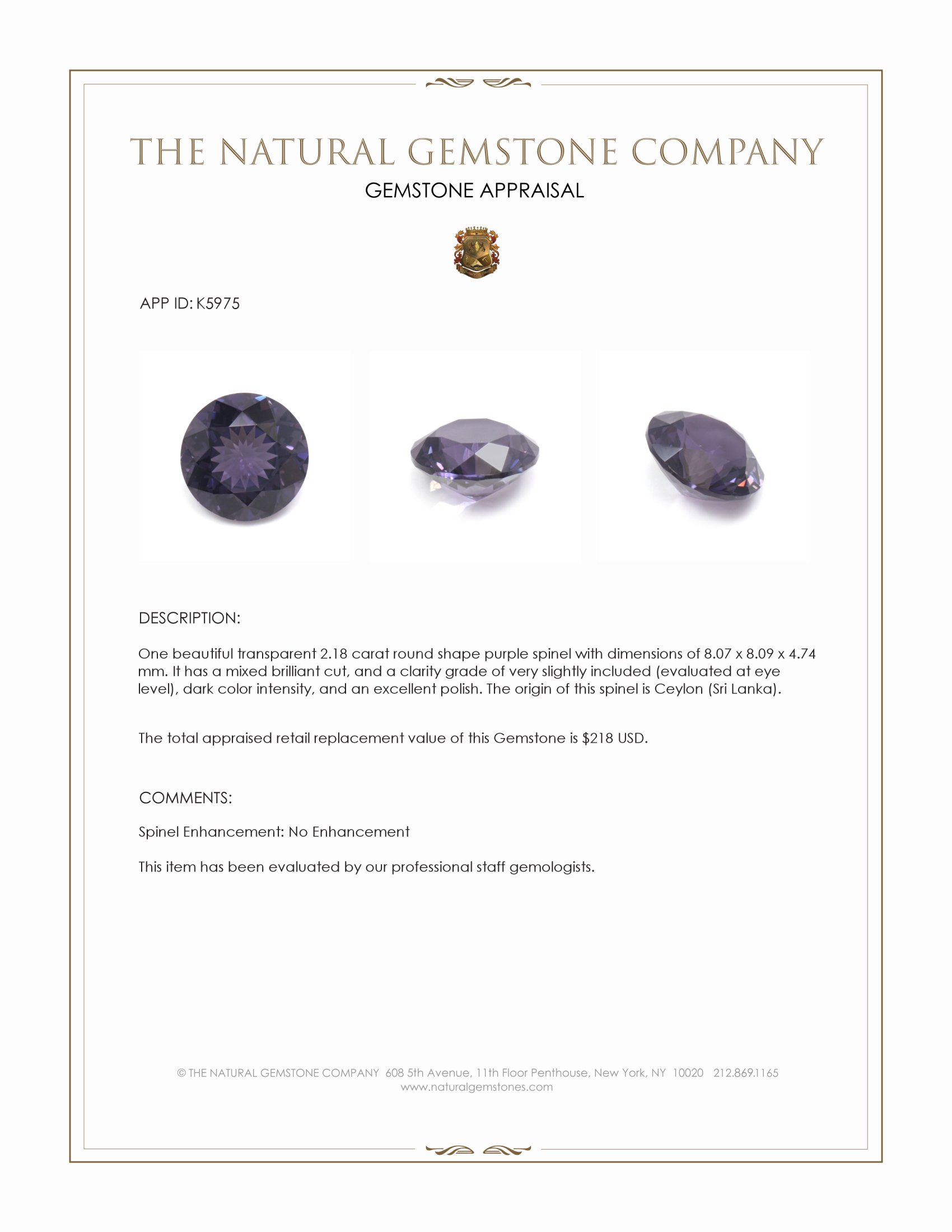 2.18 Ct. Purple Spinel from Ceylon (Sri Lanka)