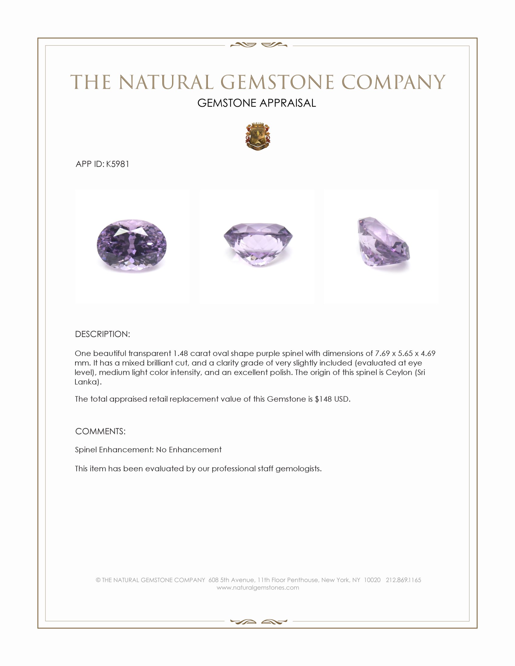 1.48 Ct. Purple Spinel from Ceylon (Sri Lanka)