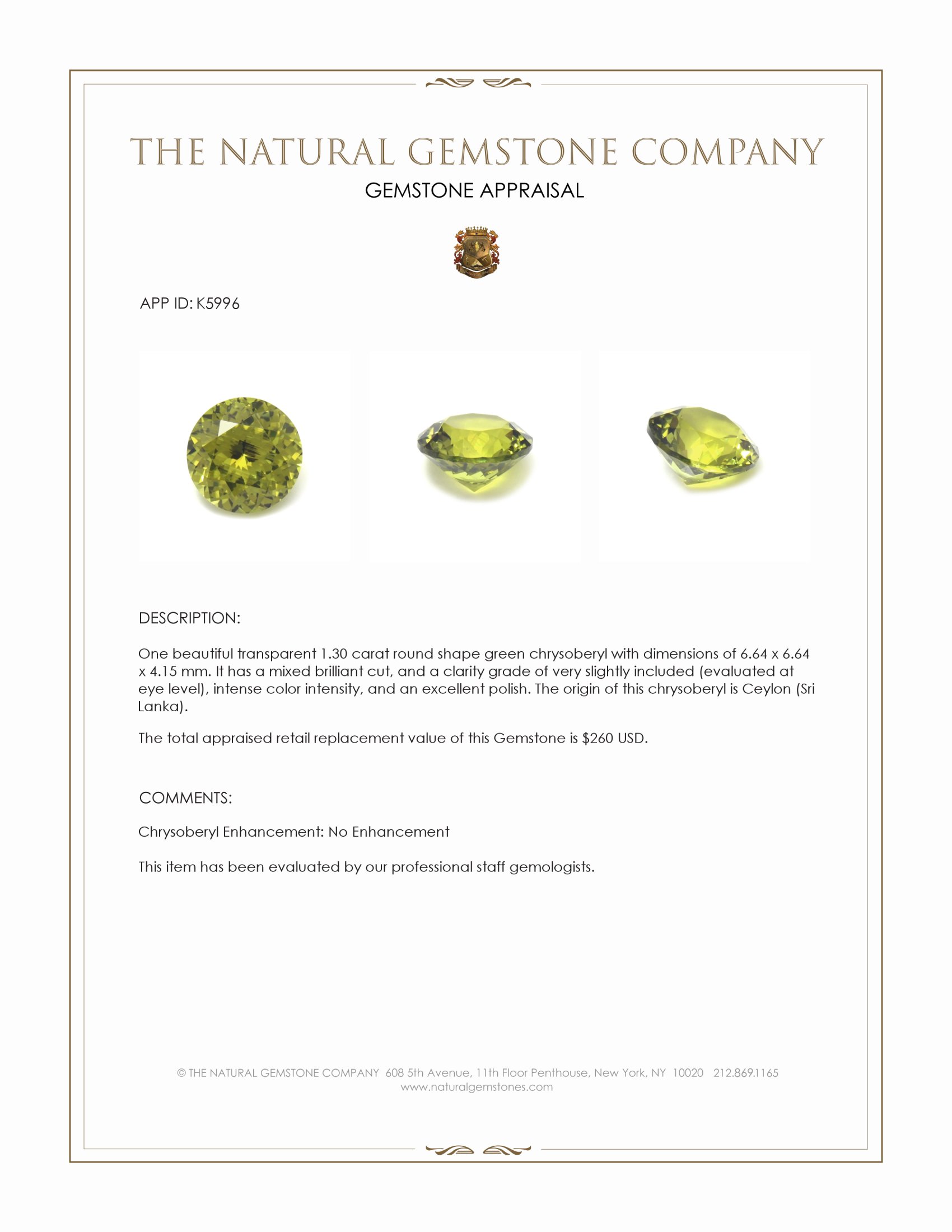 1.30 Ct. Chrysoberyl from Ceylon (Sri Lanka)