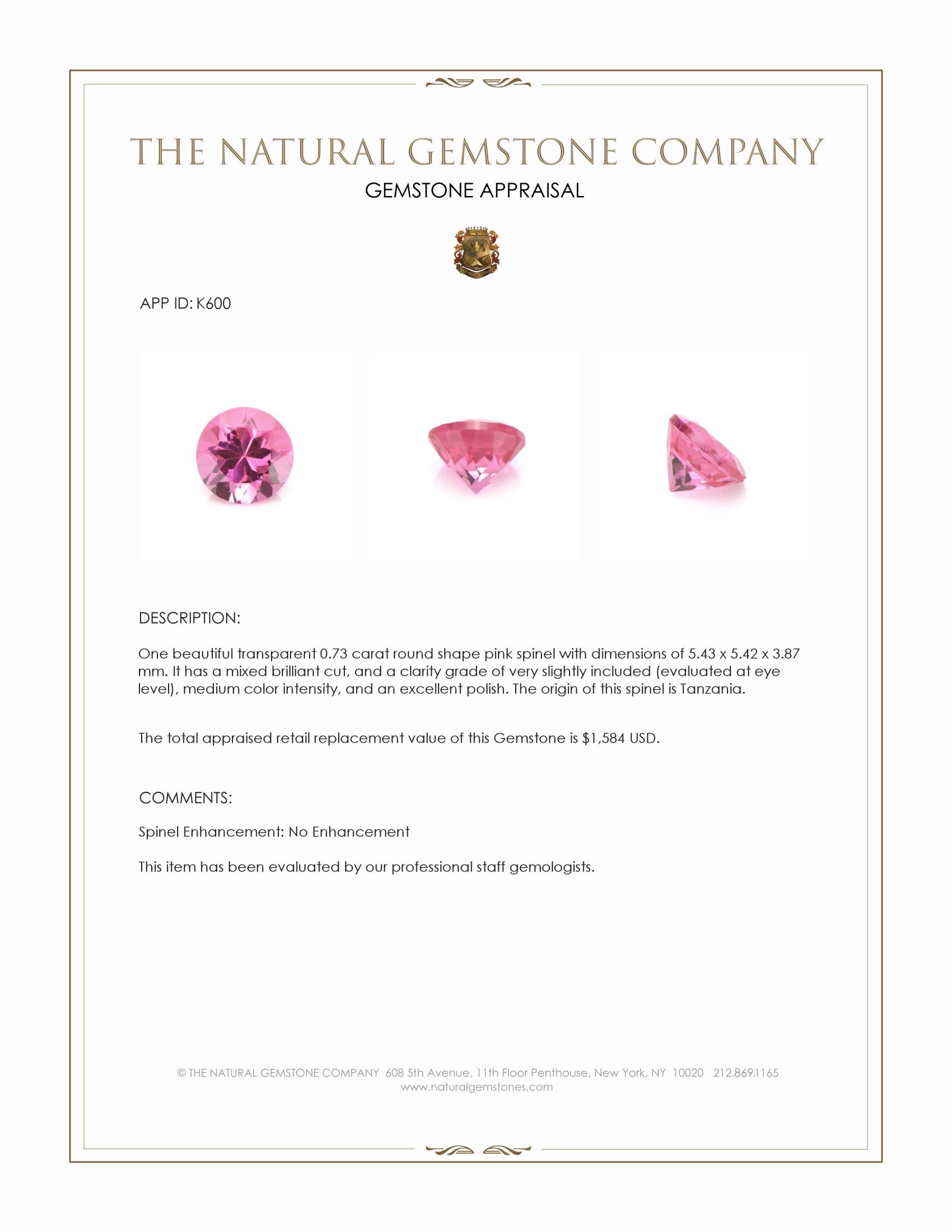 0.73 Ct. Pink Spinel from Tanzania