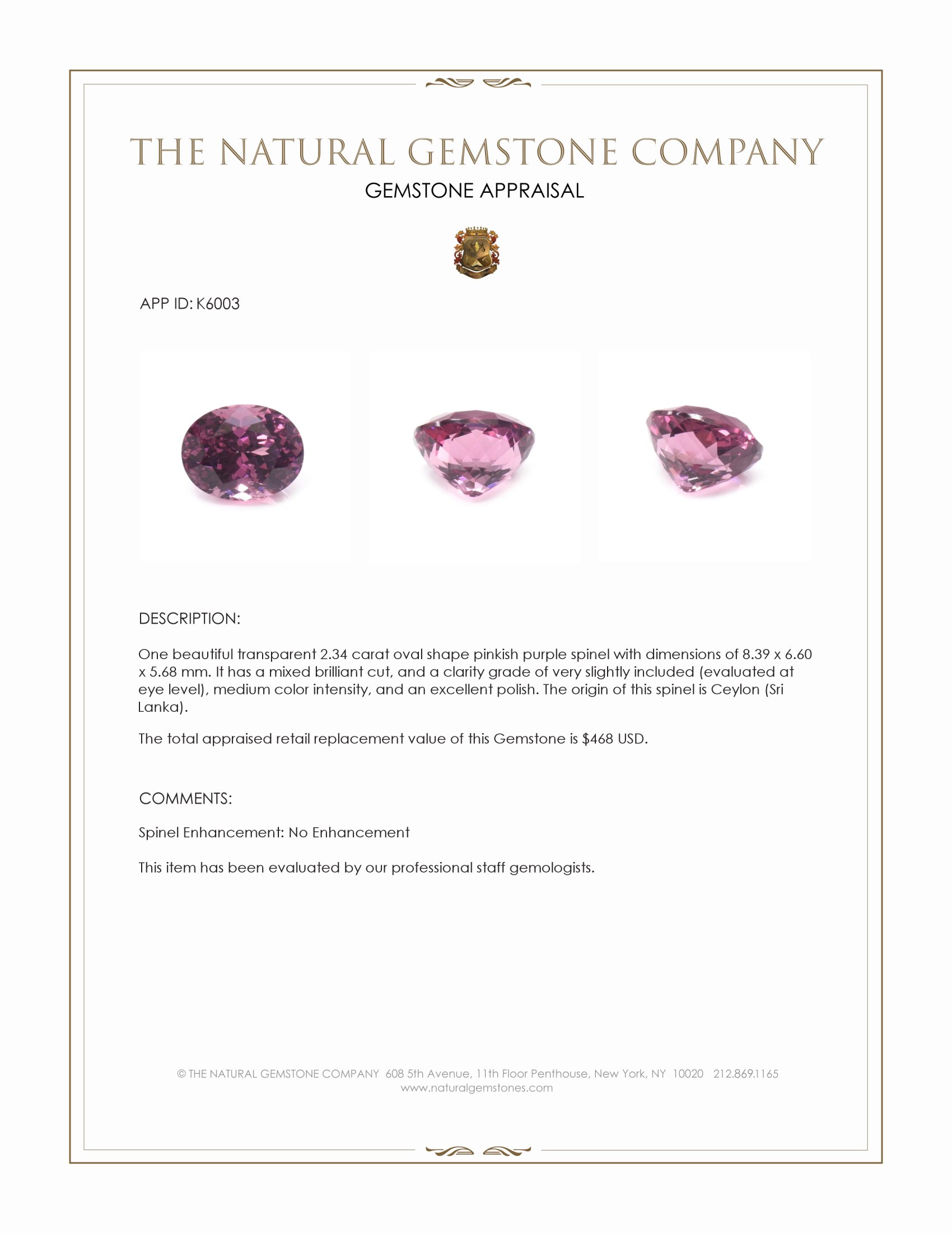 2.34 Ct. Pinkish Purple Spinel from Ceylon (Sri Lanka)