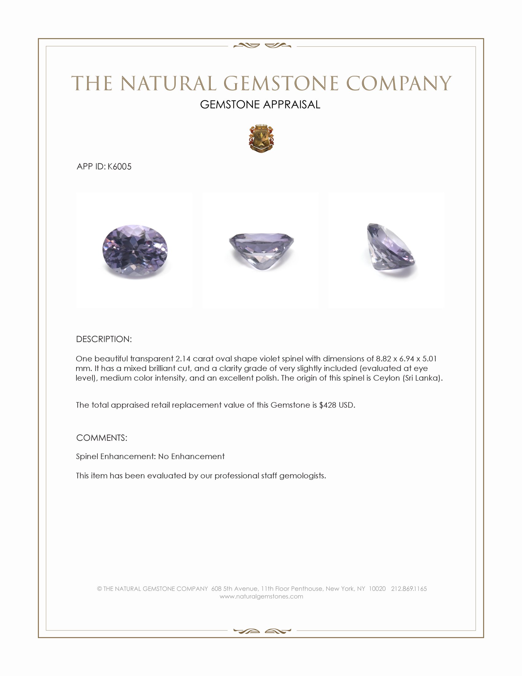 2.14 Ct. Violet Spinel from Ceylon (Sri Lanka)