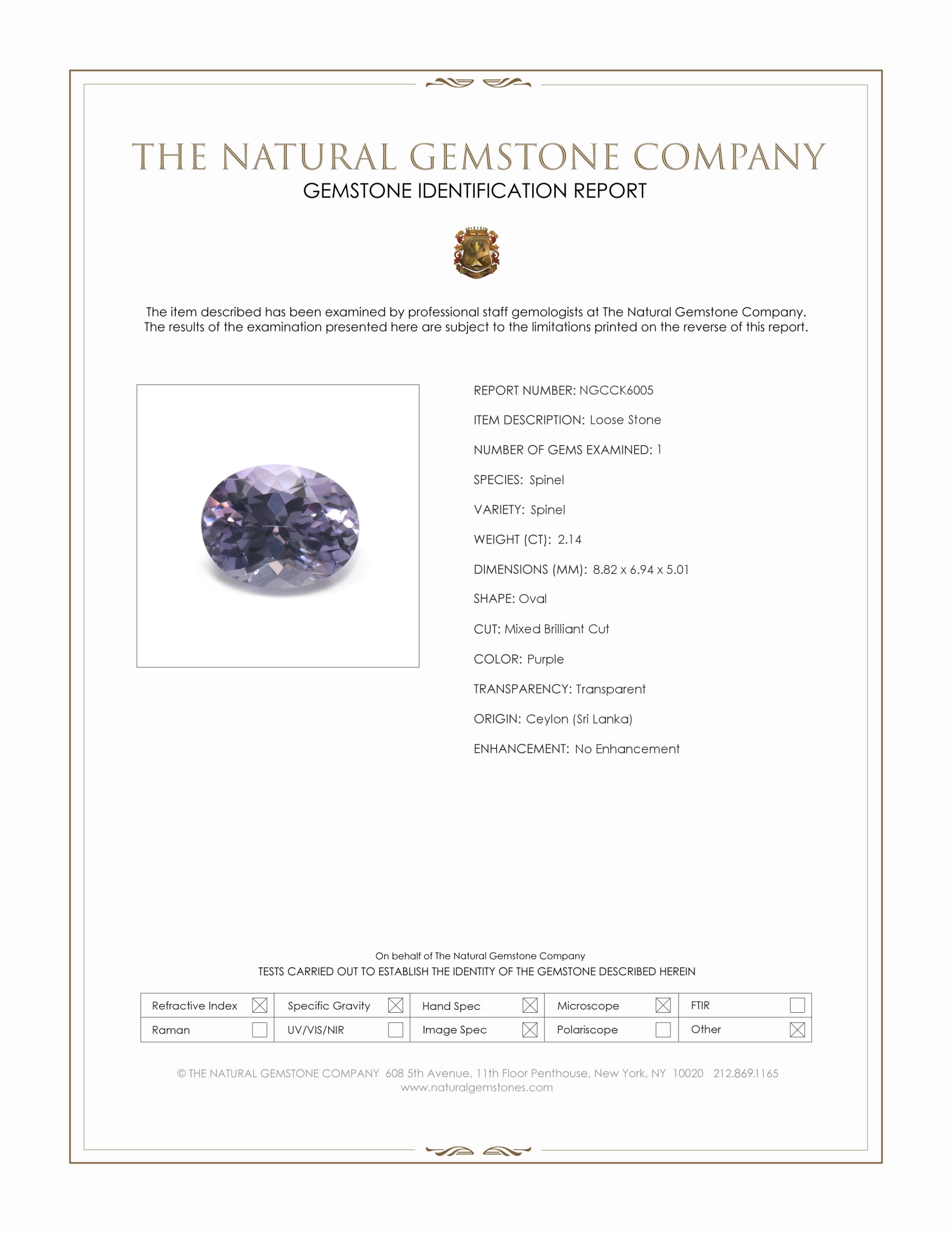 2.14 Ct. Purple Spinel from Ceylon (Sri Lanka)