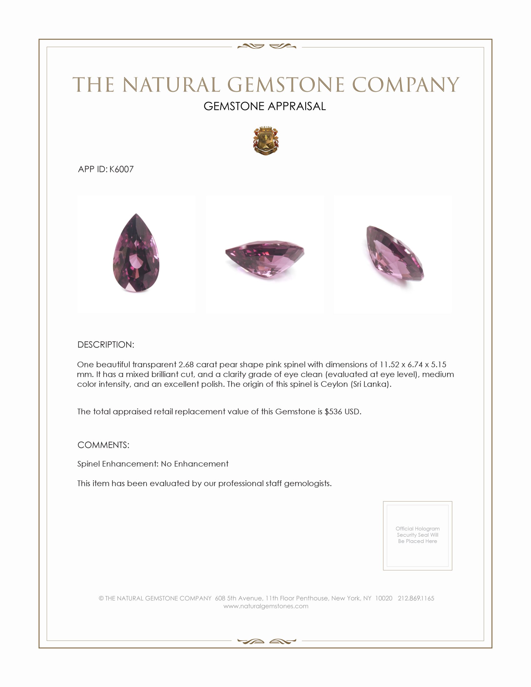 2.68 Ct. Pink Spinel from Ceylon (Sri Lanka)