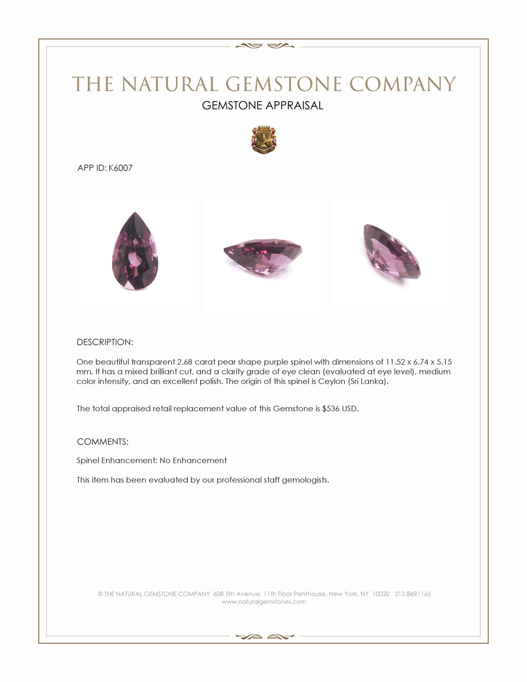2.68 Ct. Purple Spinel from Ceylon (Sri Lanka)
