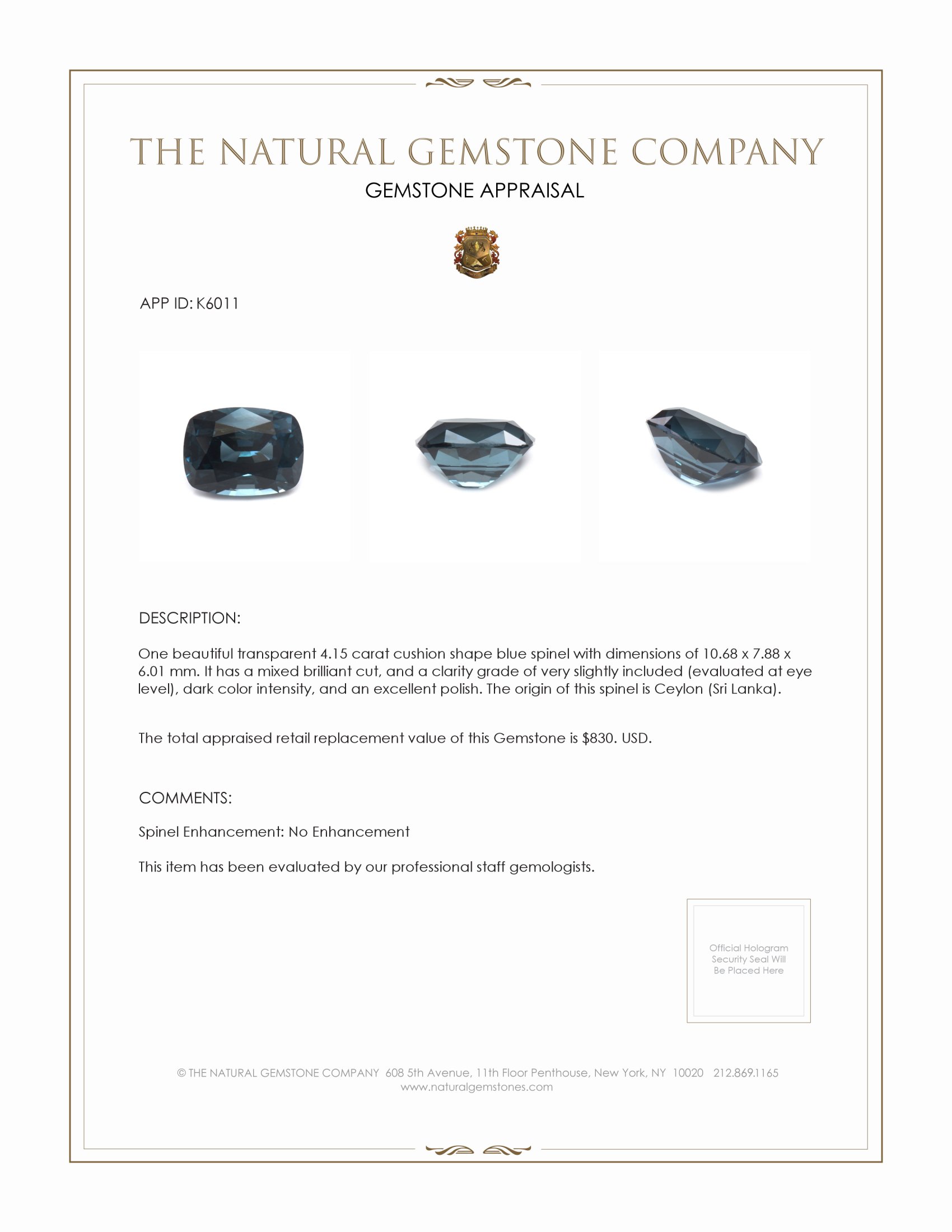4.15 Ct. Spinel from Ceylon (Sri Lanka)