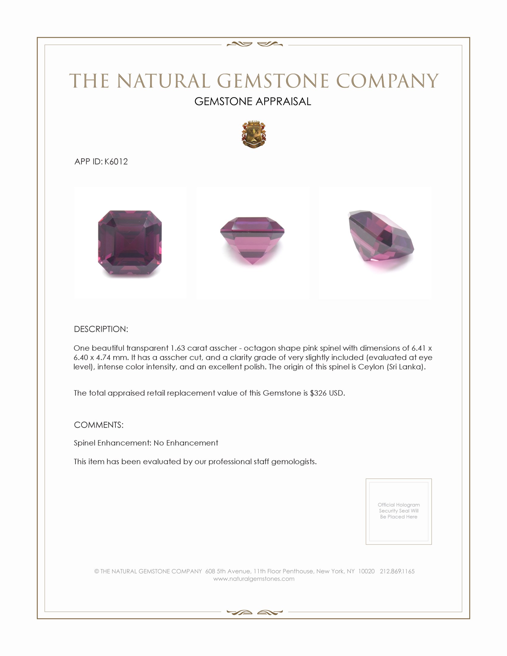 1.63 Ct. Spinel from Ceylon (Sri Lanka)