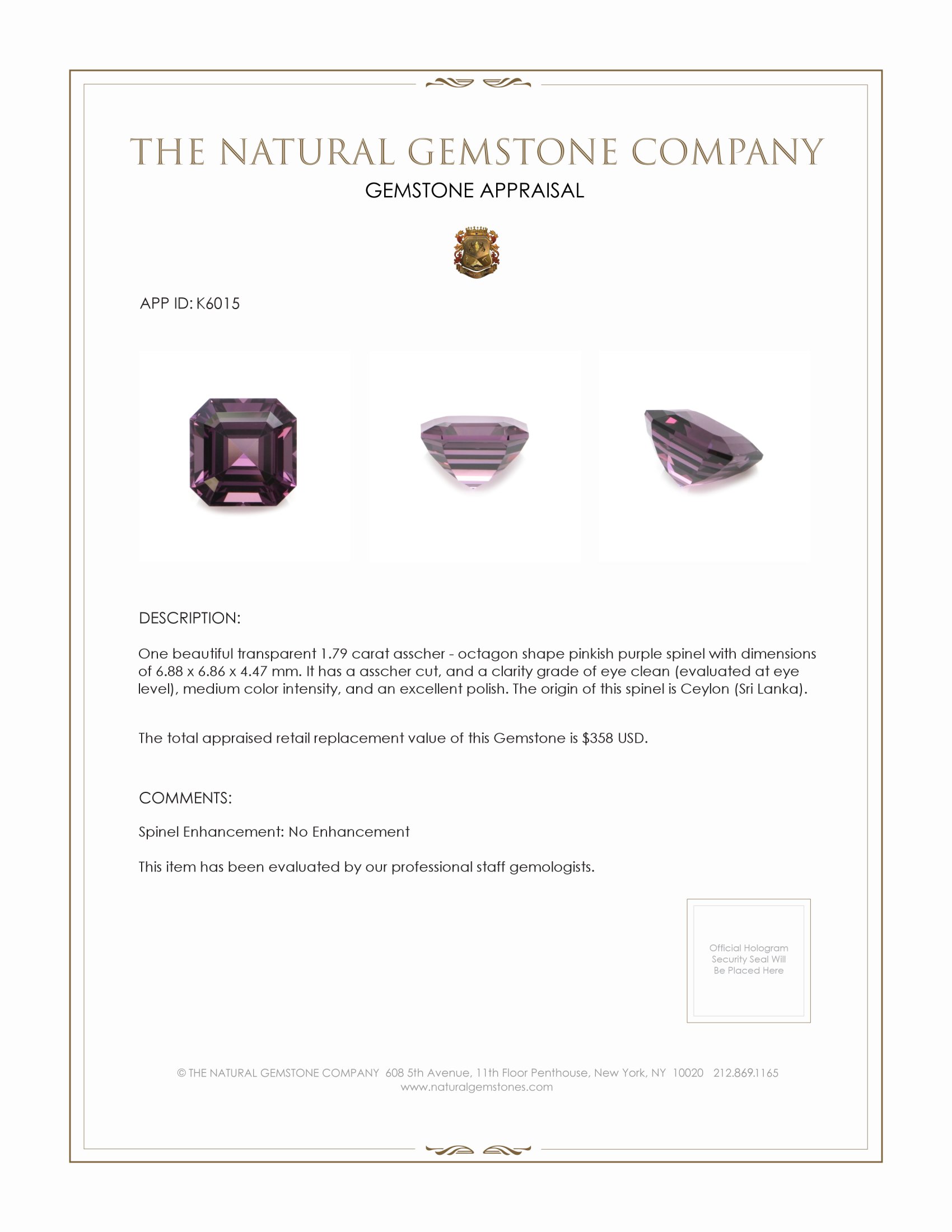 1.79 Ct. Pinkish Purple Spinel from Ceylon (Sri Lanka)