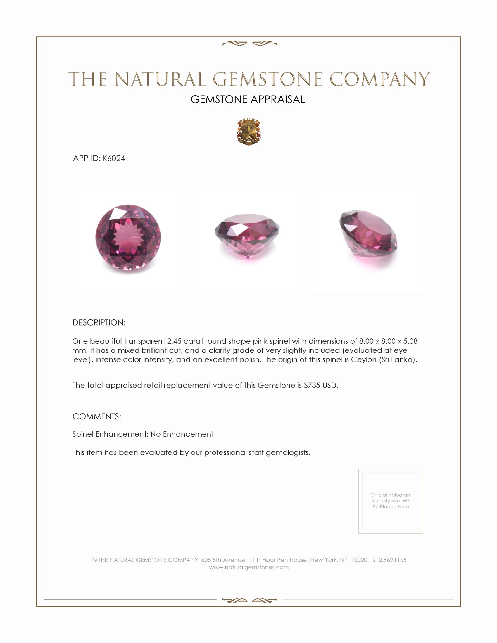 2.45 Ct. Pink Spinel from Ceylon (Sri Lanka)