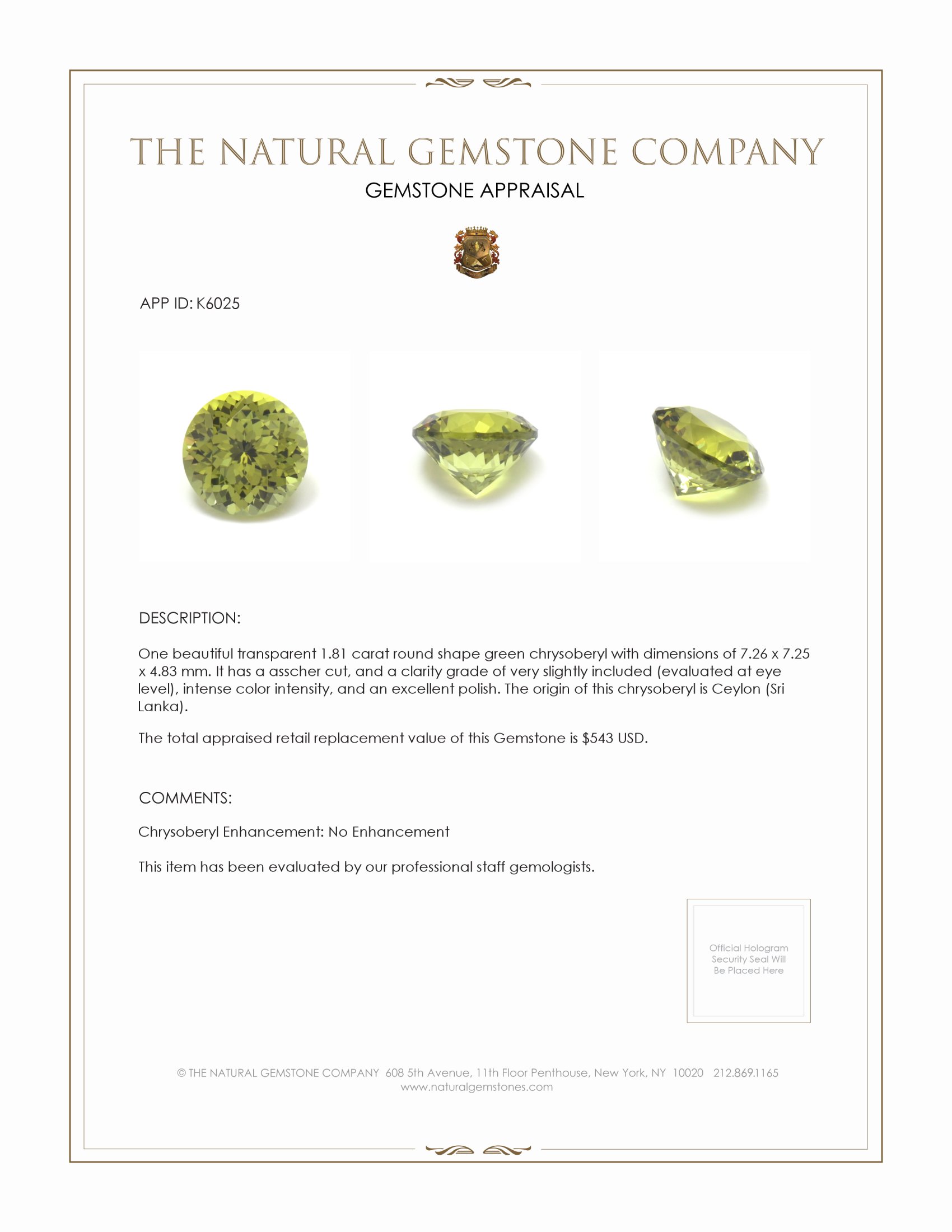 1.81 Ct. Chrysoberyl from Ceylon (Sri Lanka)