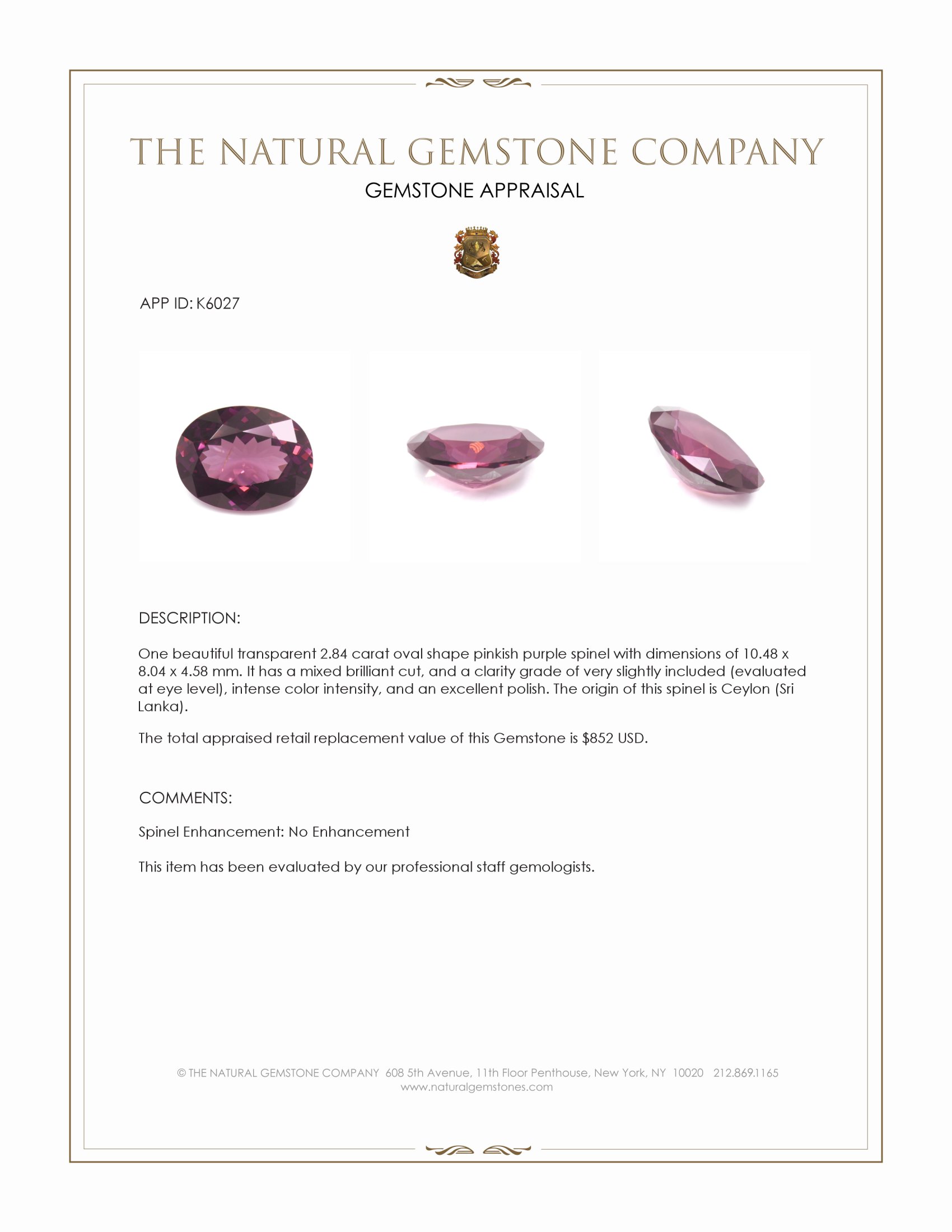 2.84 Ct. Pinkish Purple Spinel from Ceylon (Sri Lanka)