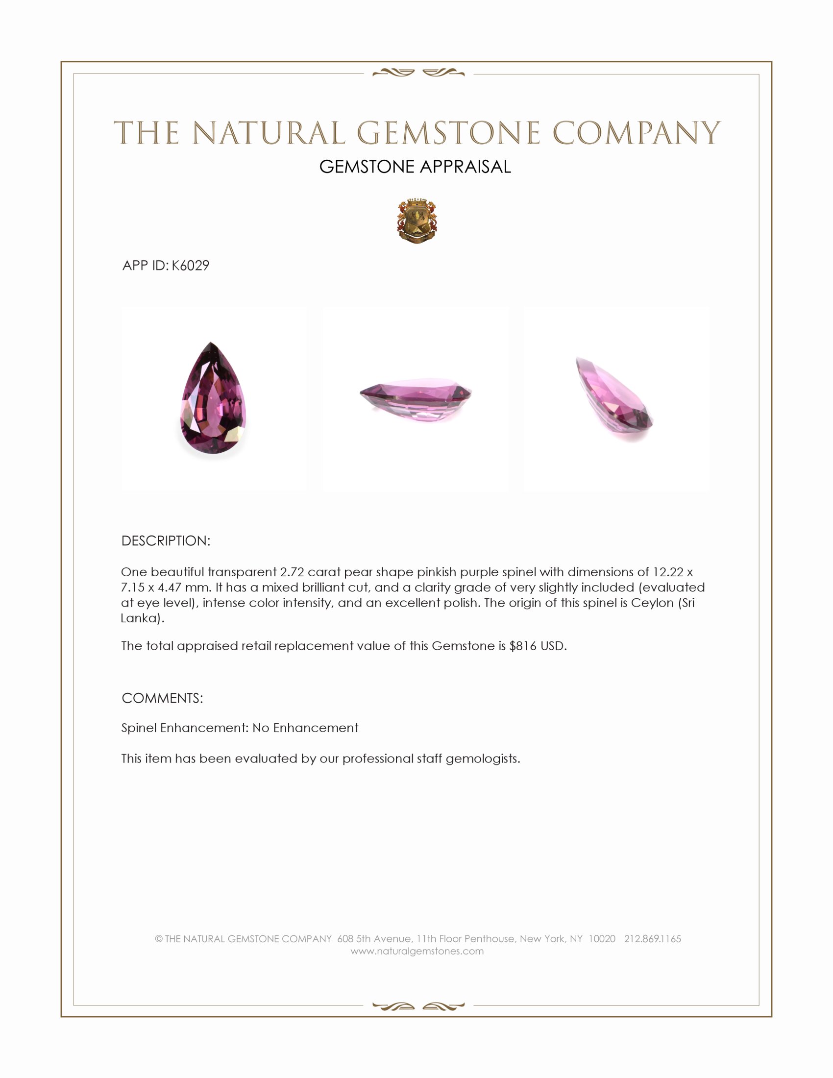 2.72 Ct. Pinkish Purple Spinel from Ceylon (Sri Lanka)