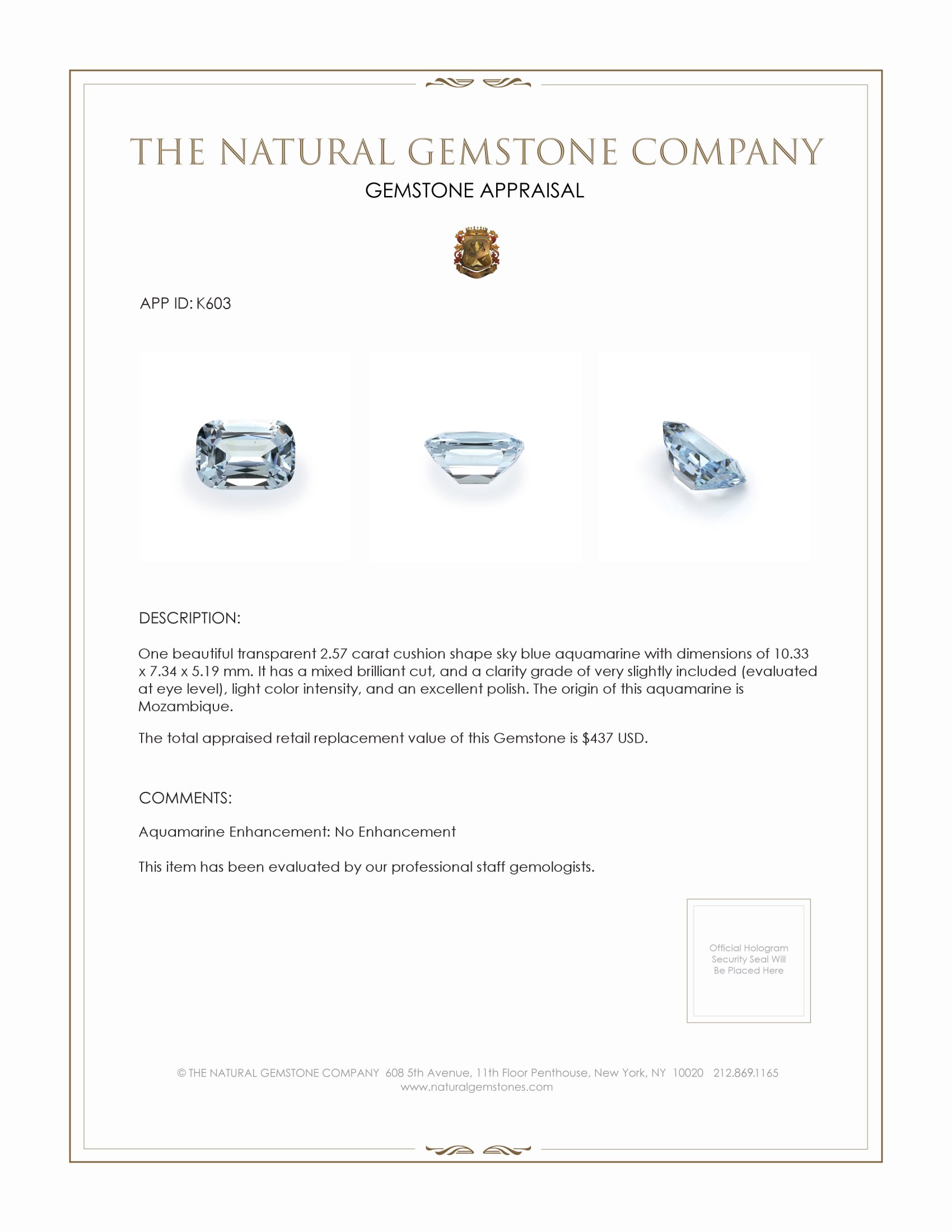 2.57 Ct. Aquamarine from Mozambique