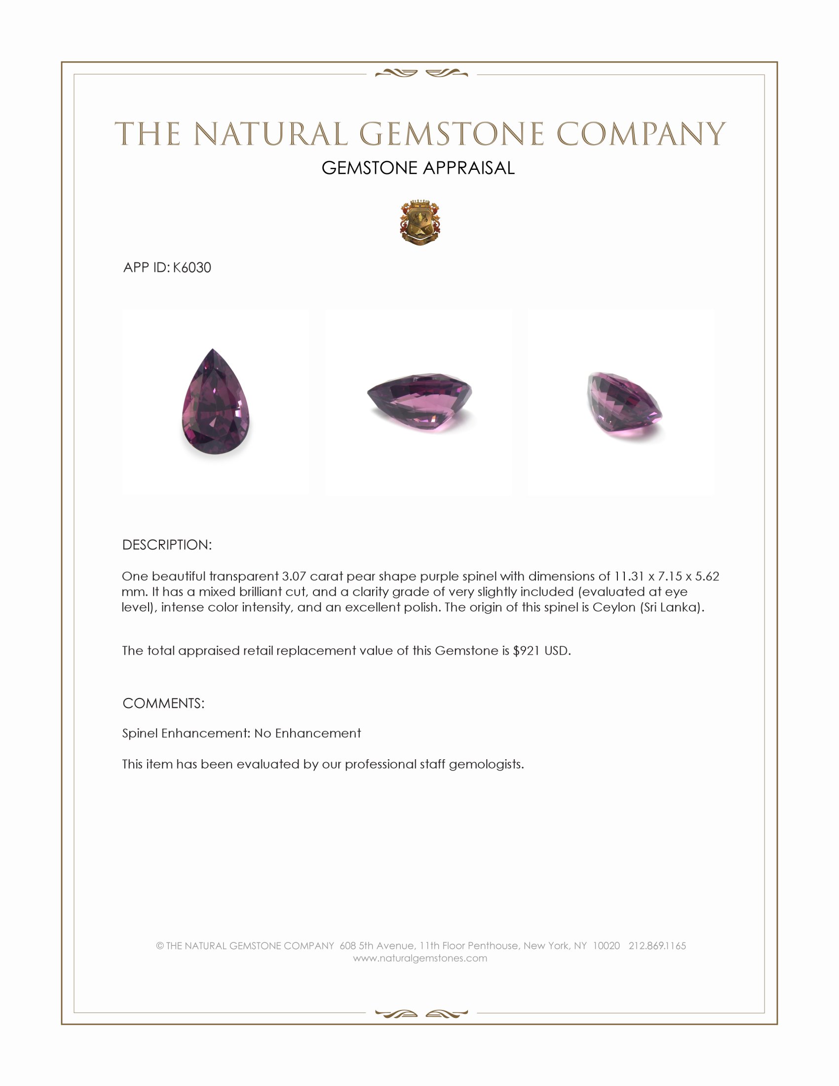 3.07 Ct. Purple Spinel from Ceylon (Sri Lanka)