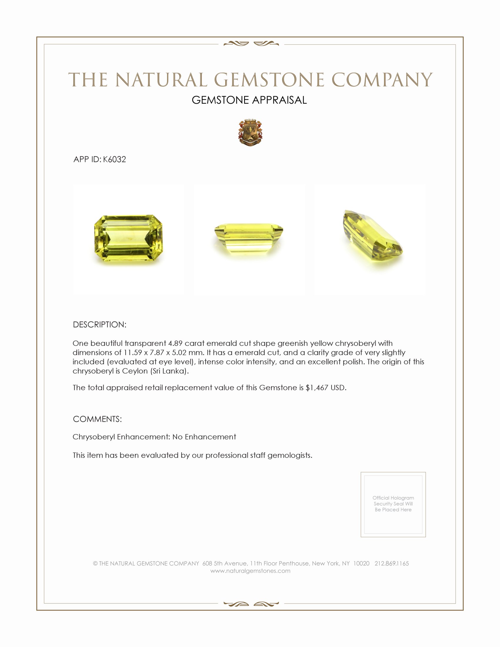 4.89 Ct. Chrysoberyl from Ceylon (Sri Lanka)