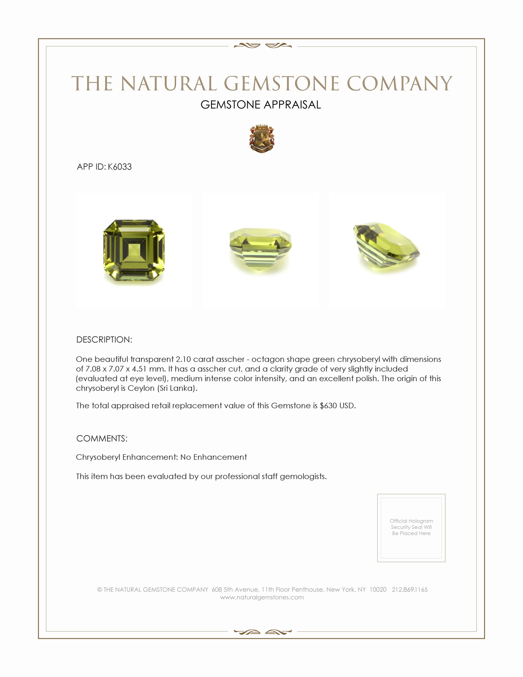 2.10 Ct. Green Chrysoberyl from Ceylon (Sri Lanka)