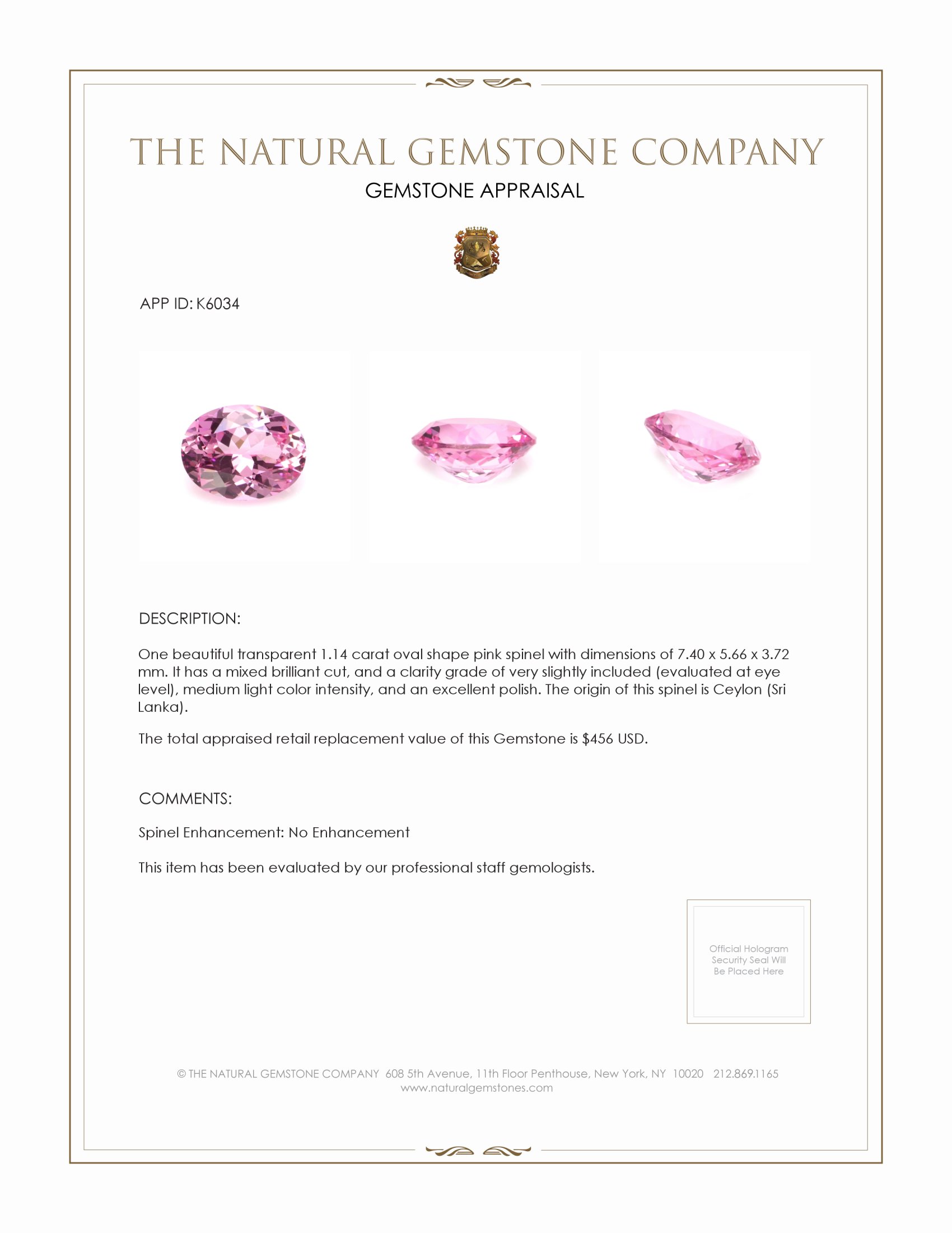 1.14 Ct. Pink Spinel from Ceylon (Sri Lanka)
