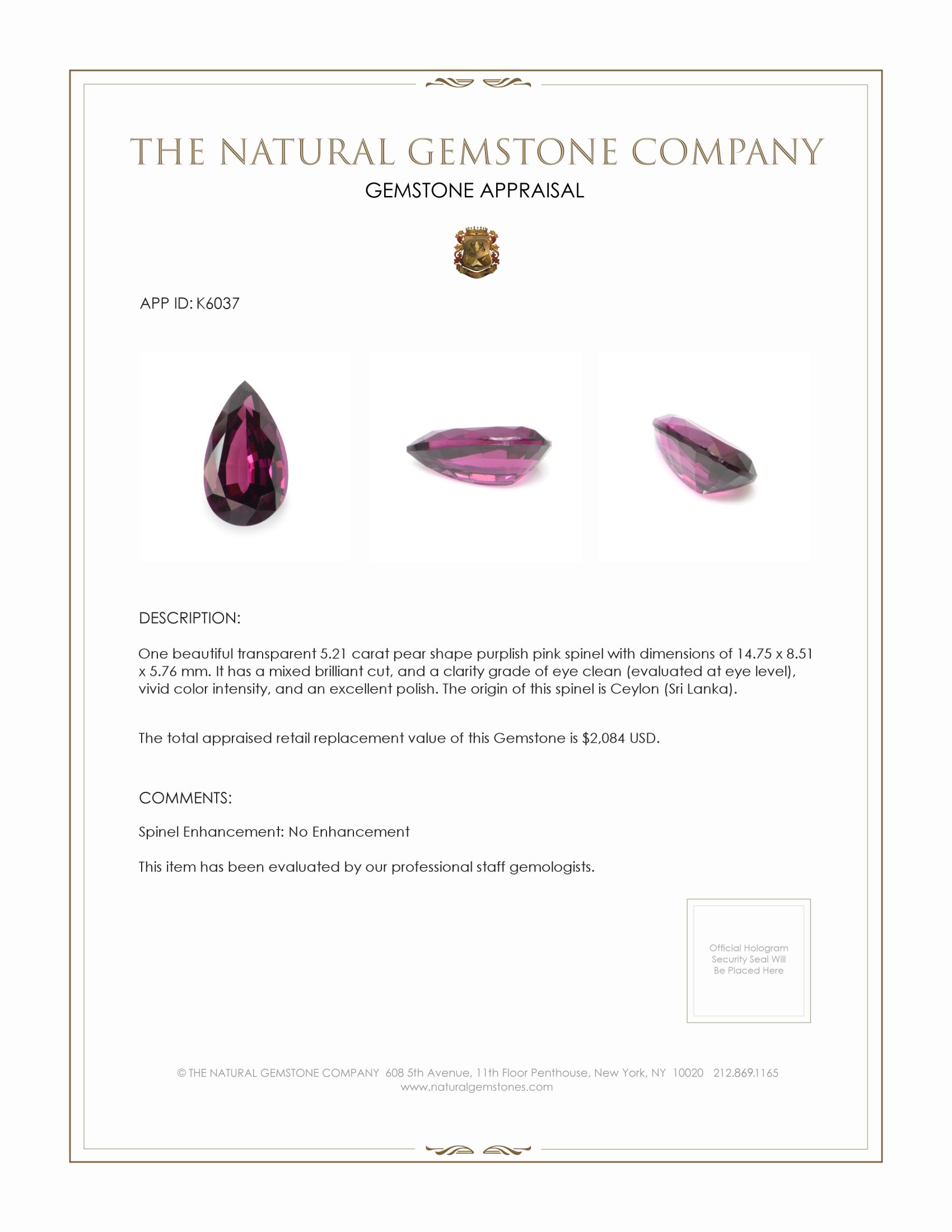 5.21 Ct. Purplish Pink Spinel from Ceylon (Sri Lanka)
