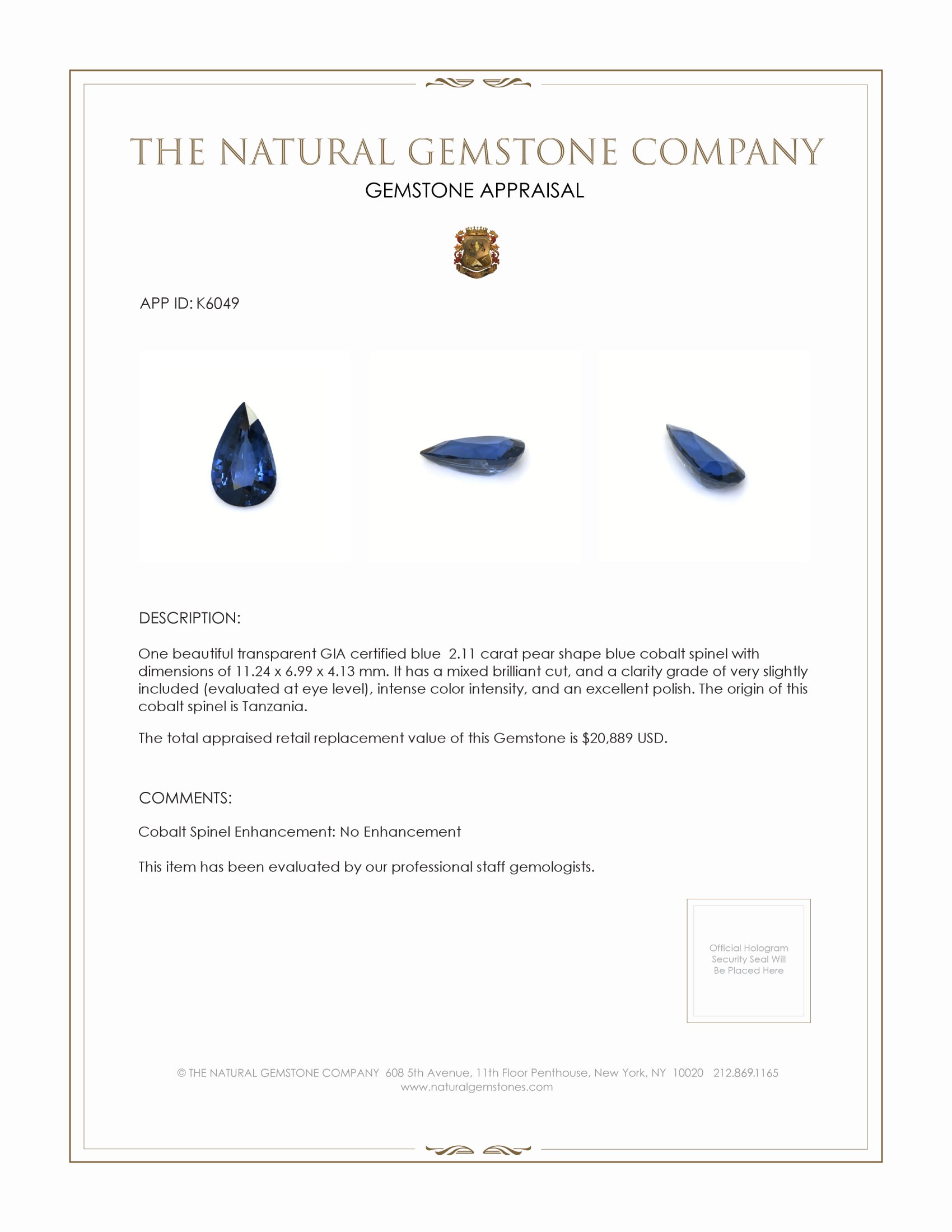 2.11 Ct. Cobalt Spinel from Tanzania