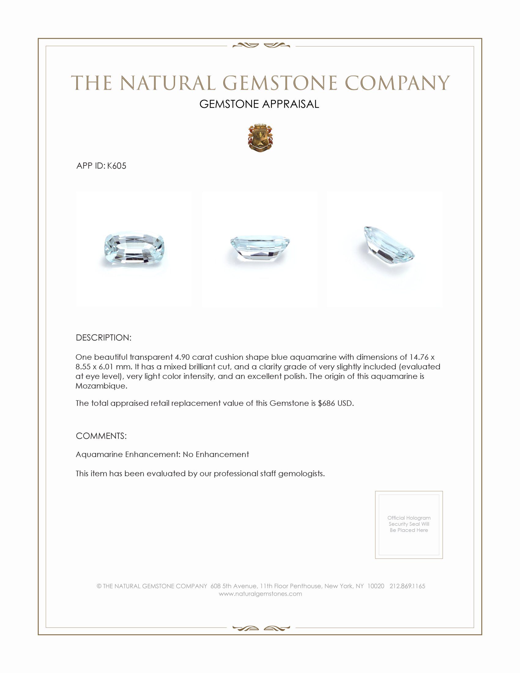 4.90 Ct. Aquamarine from Mozambique