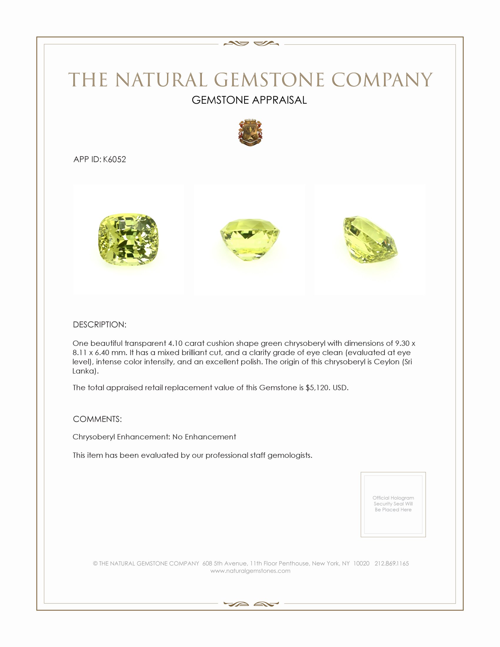 4.10 Ct. Chrysoberyl from Ceylon (Sri Lanka)