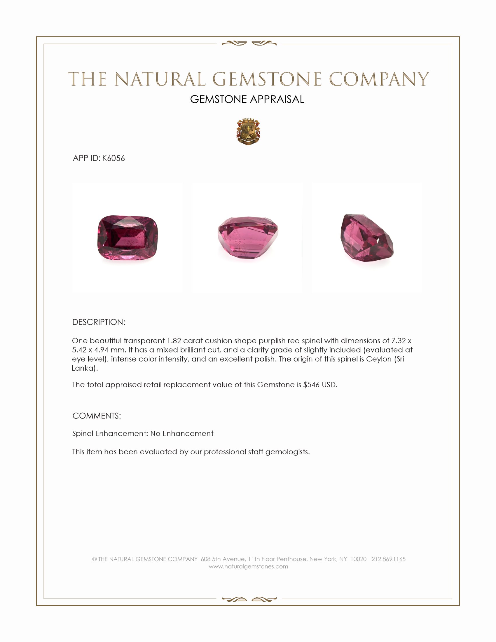 1.82 Ct. Purplish Red Spinel from Ceylon (Sri Lanka)