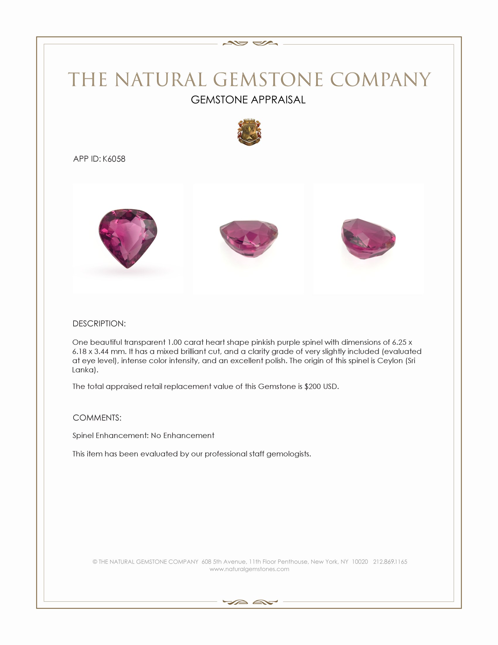 1.00 Ct. Pinkish Purple Spinel from Ceylon (Sri Lanka)