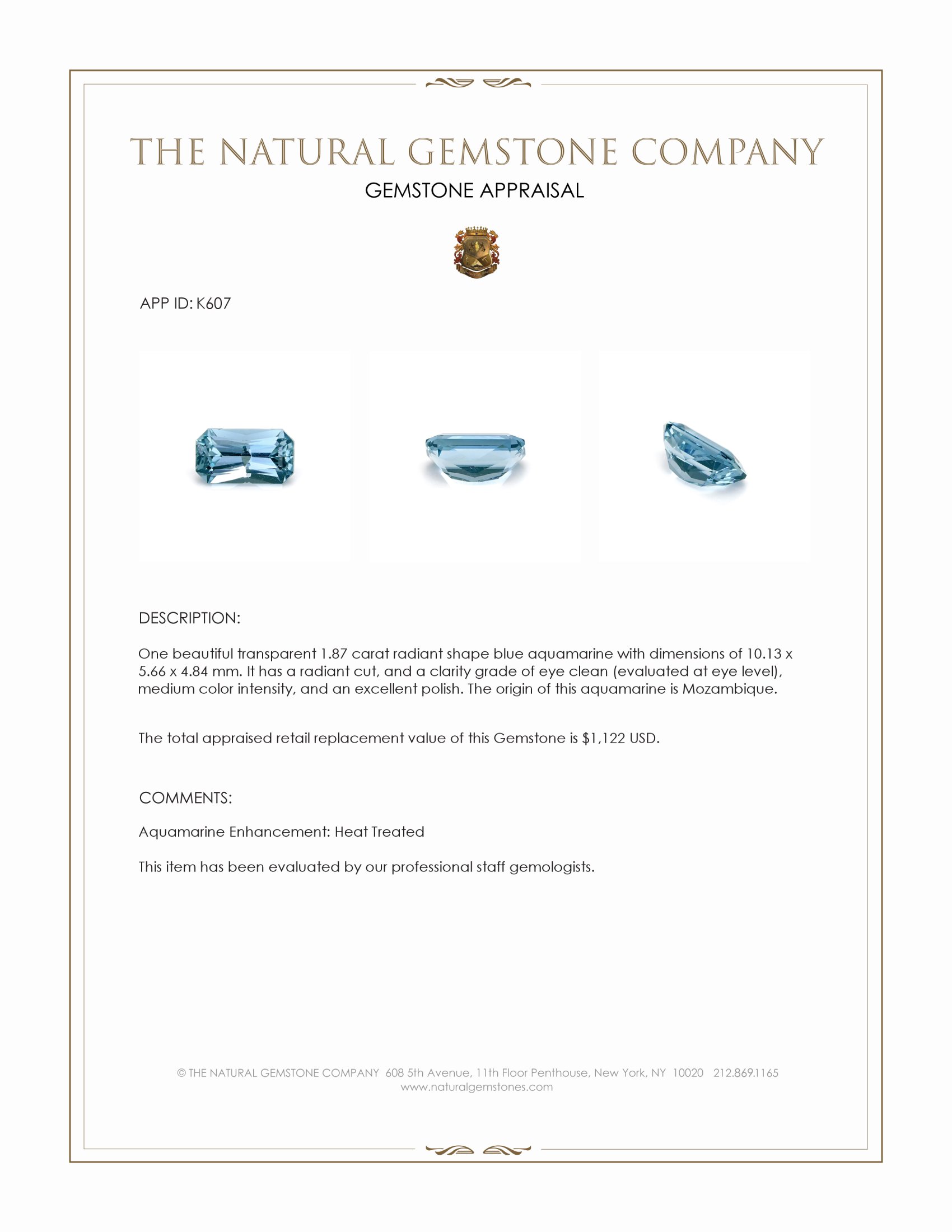 1.87 Ct. Blue Aquamarine from Mozambique