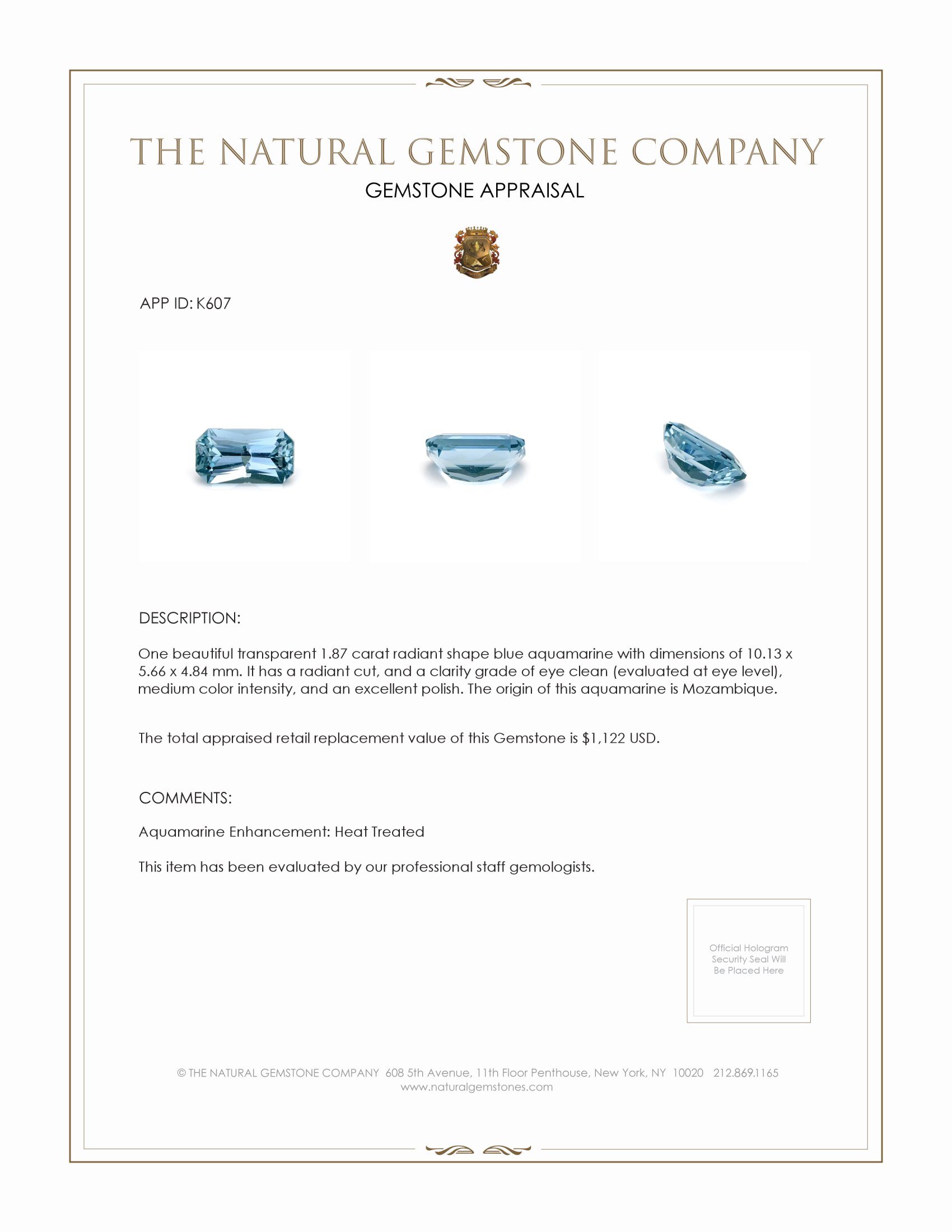 1.87 Ct. Aquamarine from Mozambique