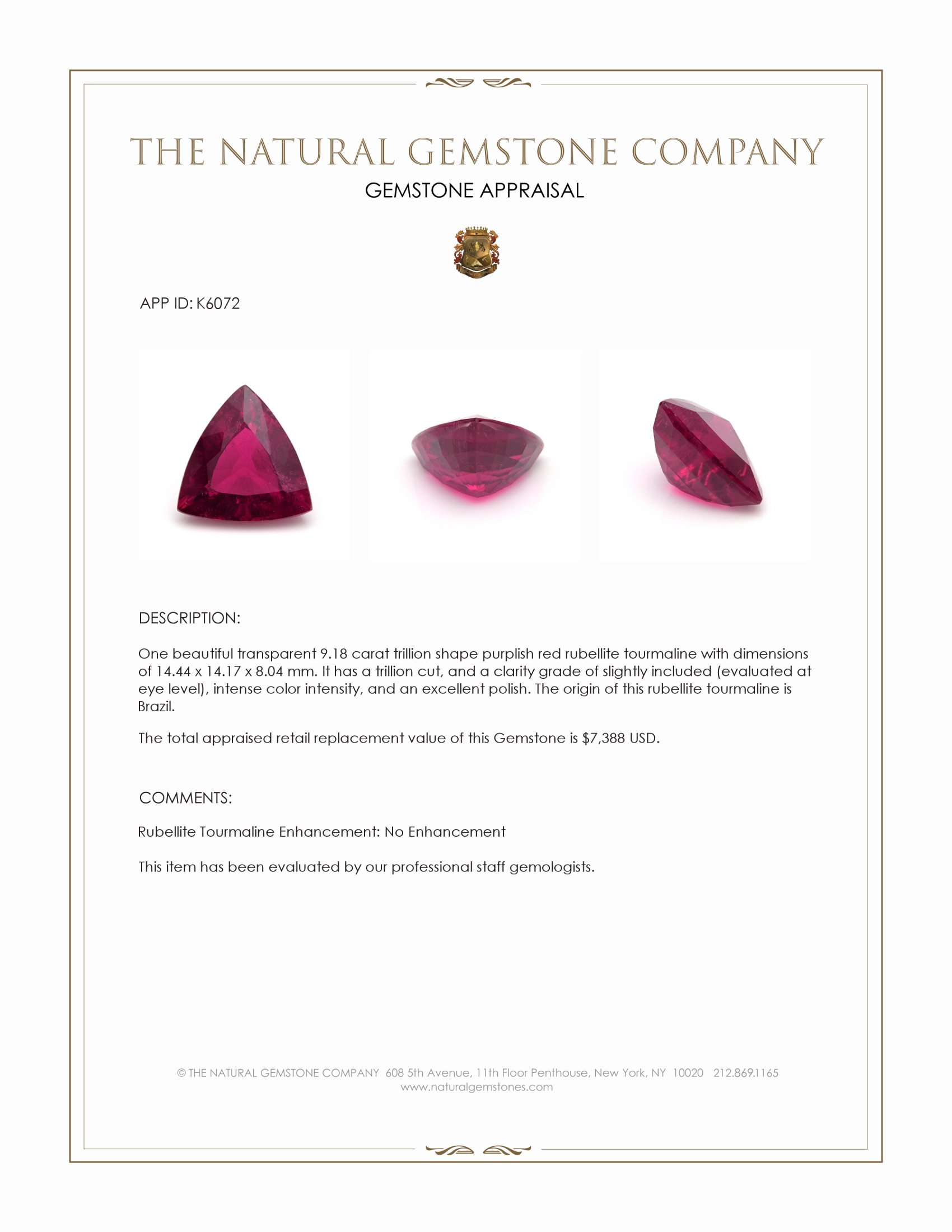 9.18 Ct. Purplish Red Rubellite Tourmaline from Brazil