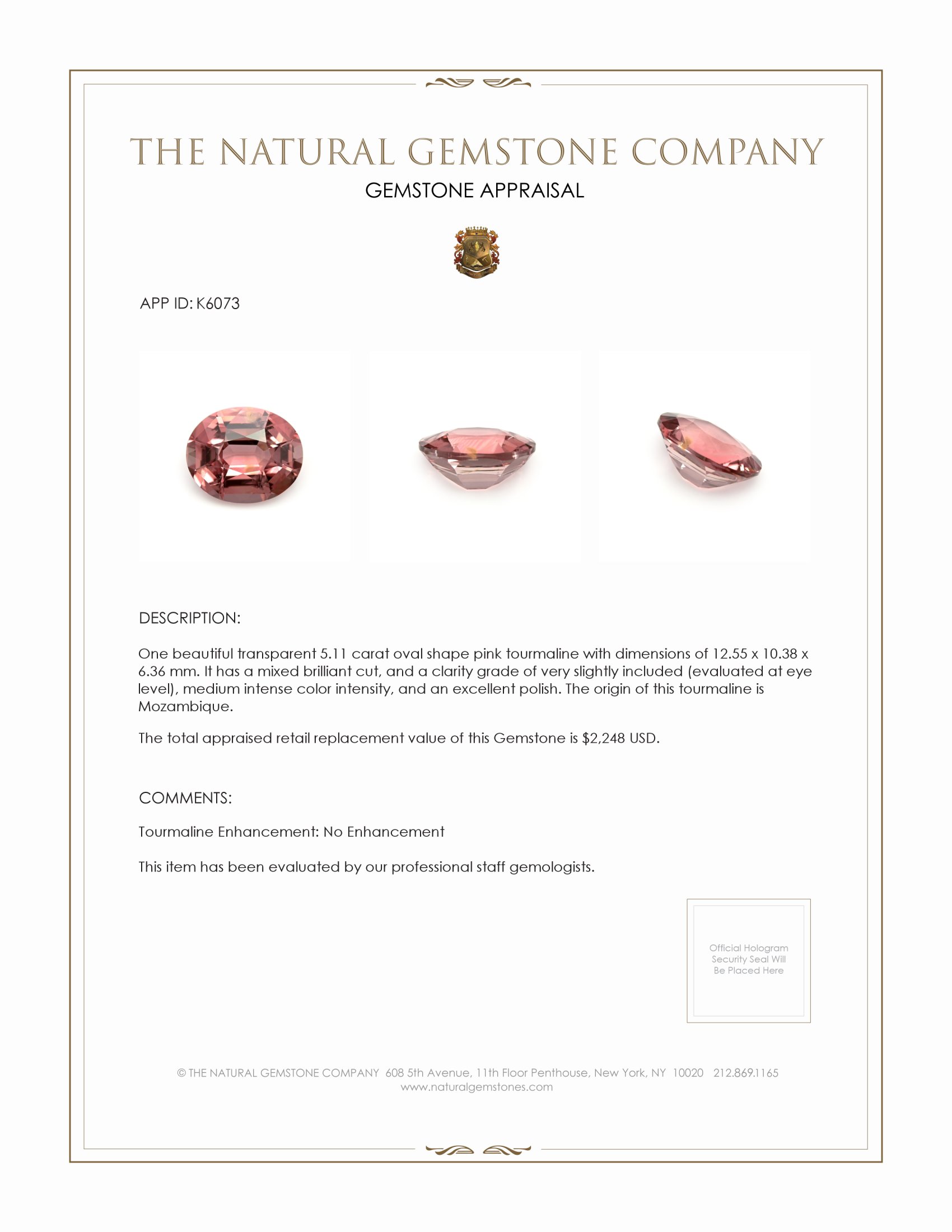 5.11 Ct. Brownish Pink Tourmaline from Mozambique