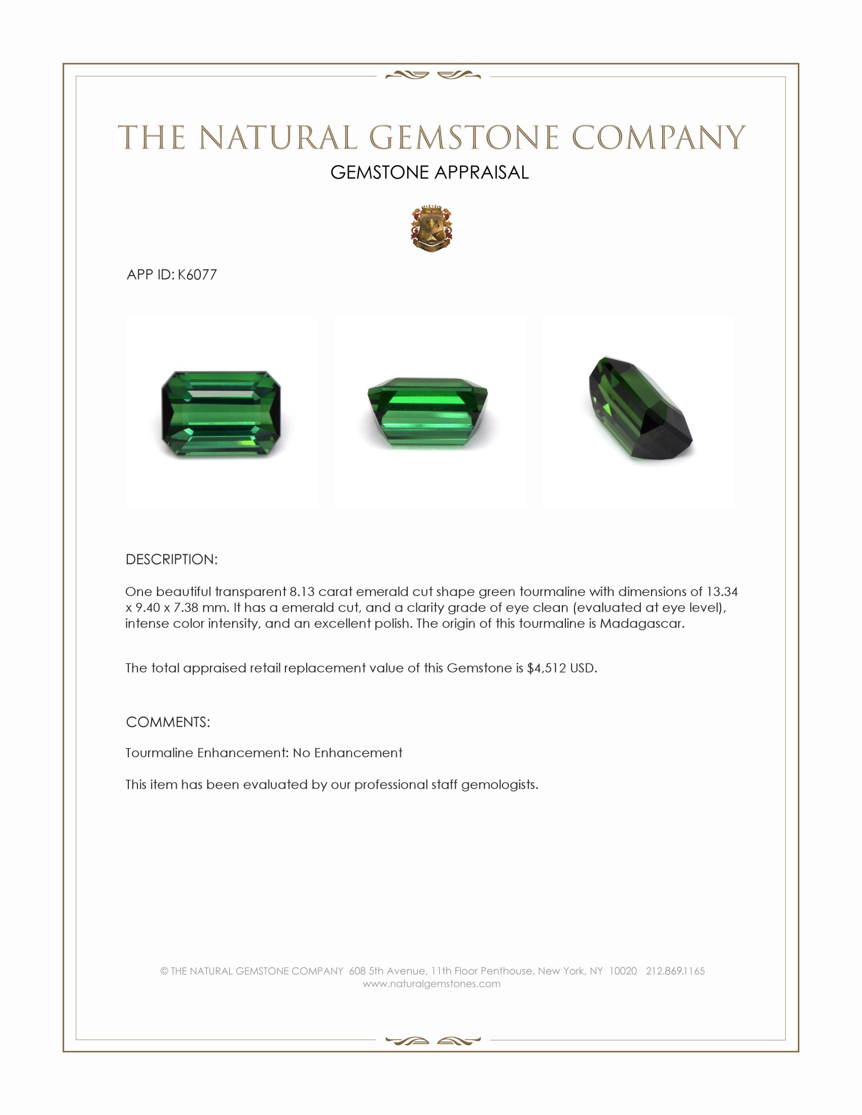 8.13 Ct. Green Tourmaline from Madagascar
