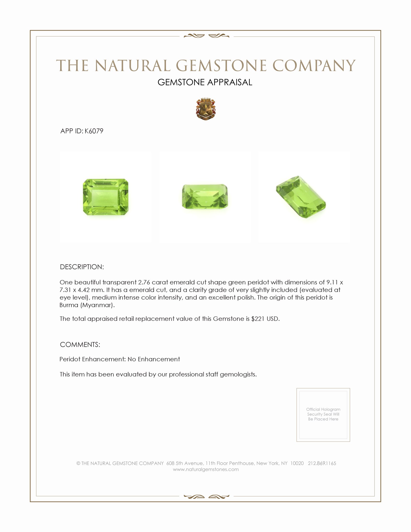 2.76 Ct. Peridot from Burma (Myanmar)