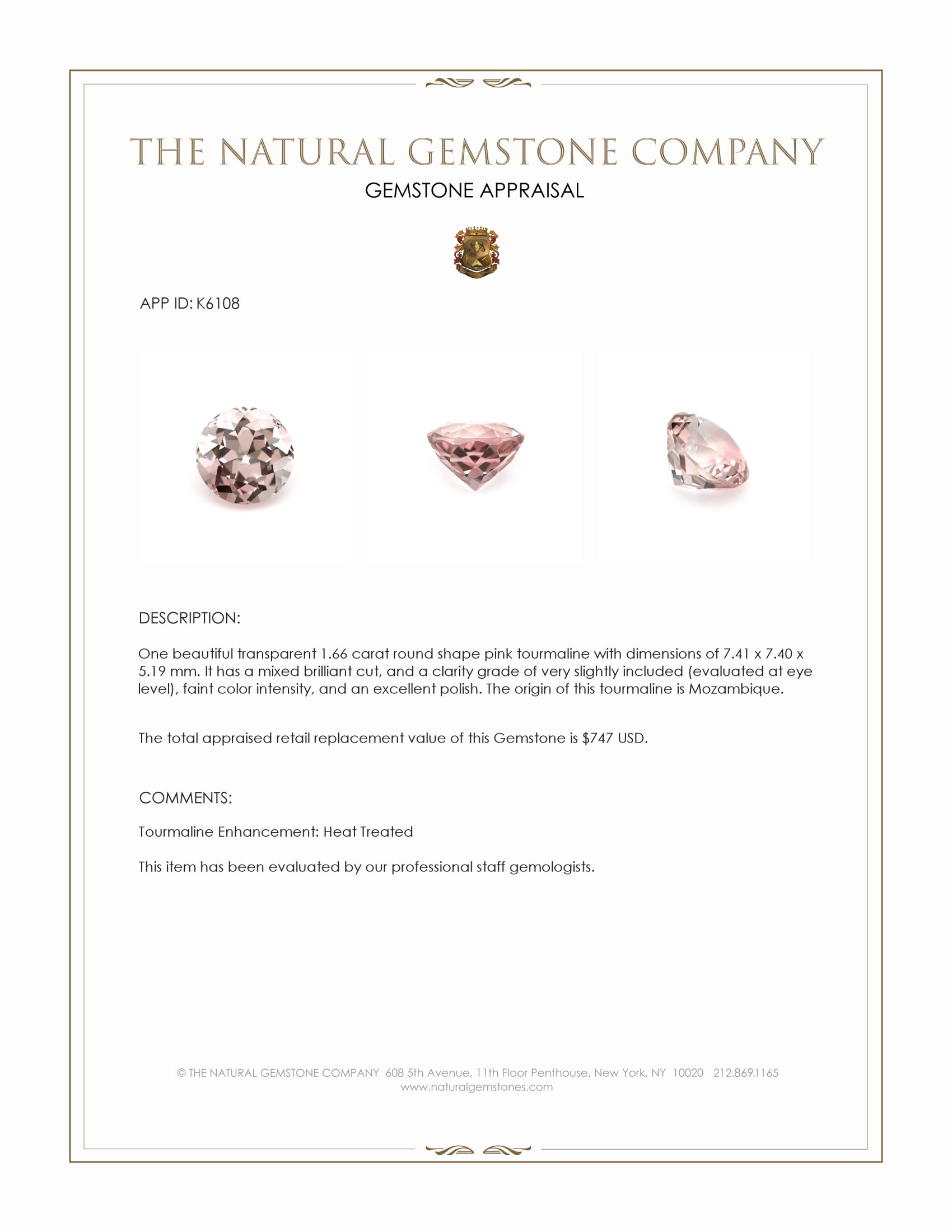 1.66 Ct. Pink Tourmaline from Mozambique