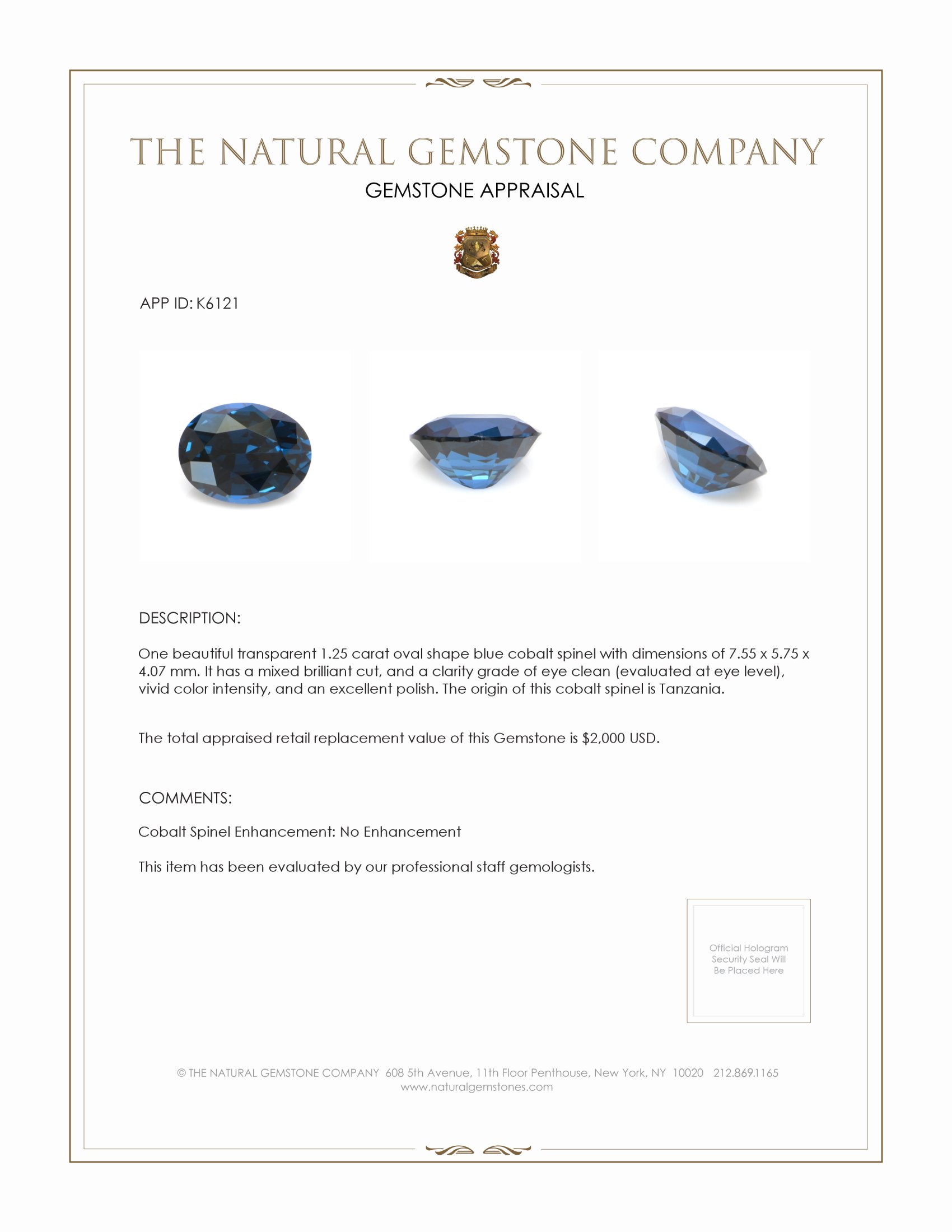1.25 Ct. Cobalt Spinel from Tanzania