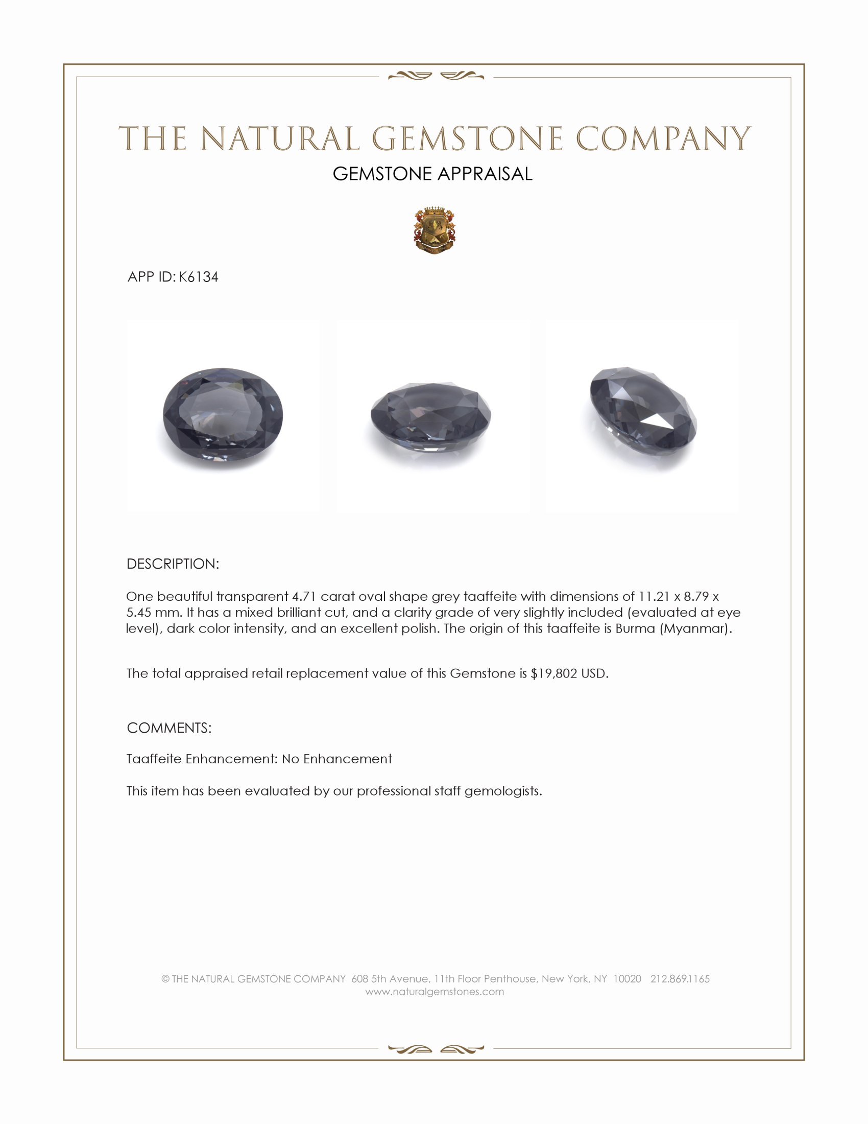 4.71 Ct. Grey Taaffeite from Burma (Myanmar)