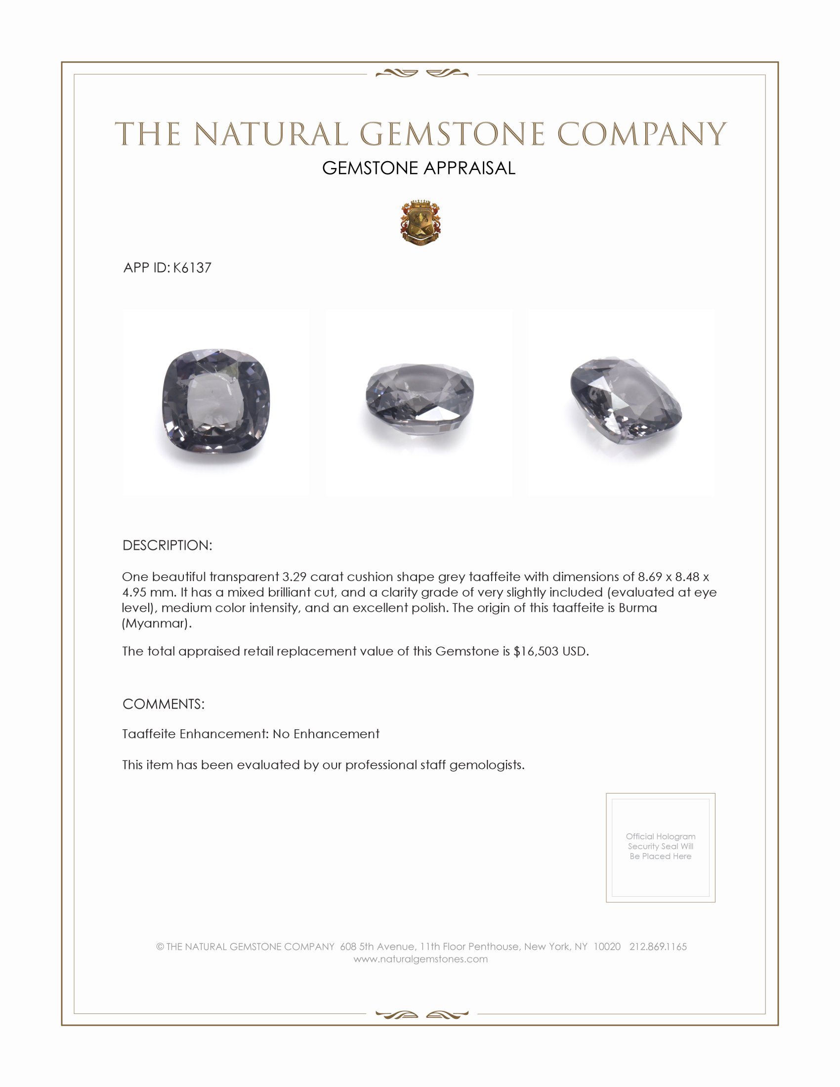 3.29 Ct. Grey Taaffeite from Burma (Myanmar)