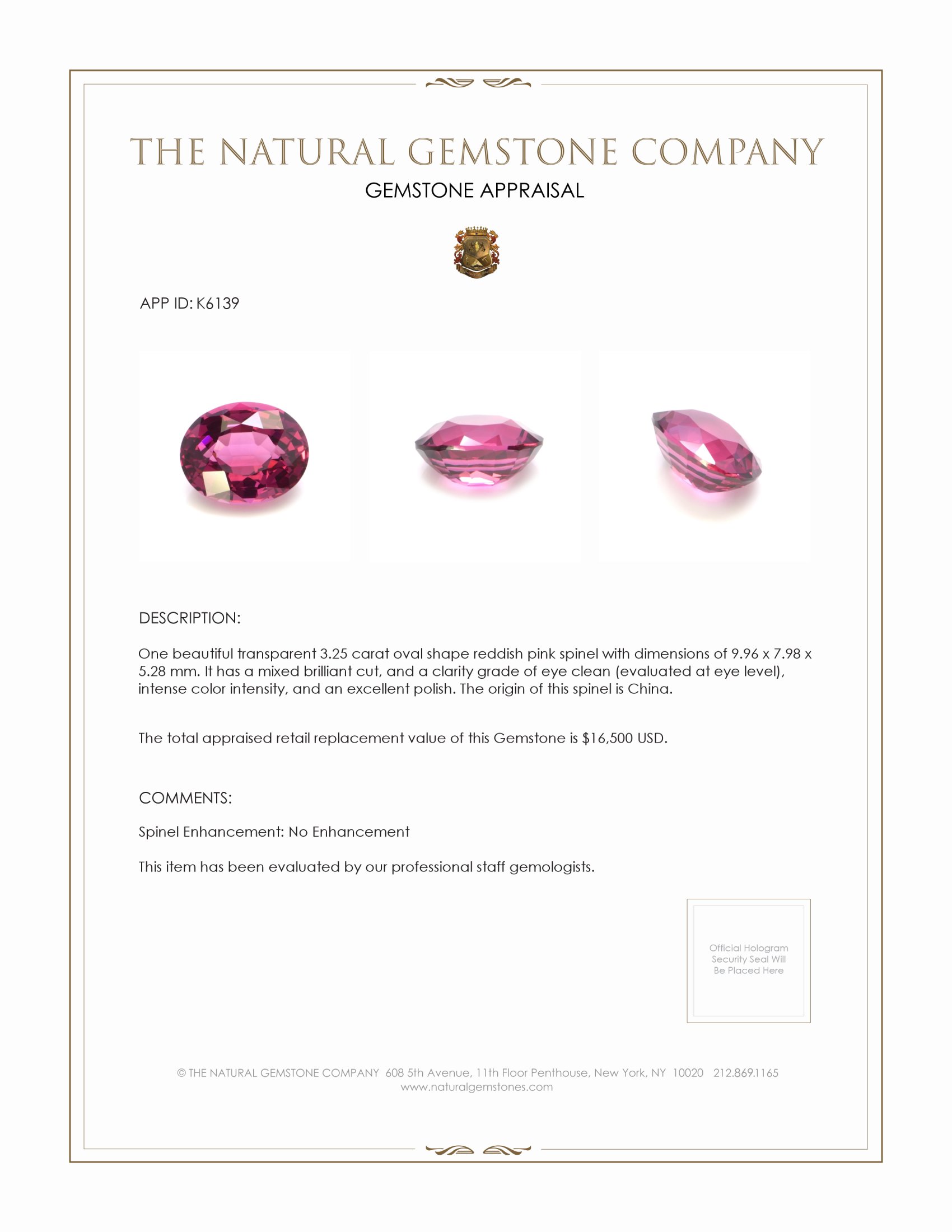 3.25 Ct. Spinel from China