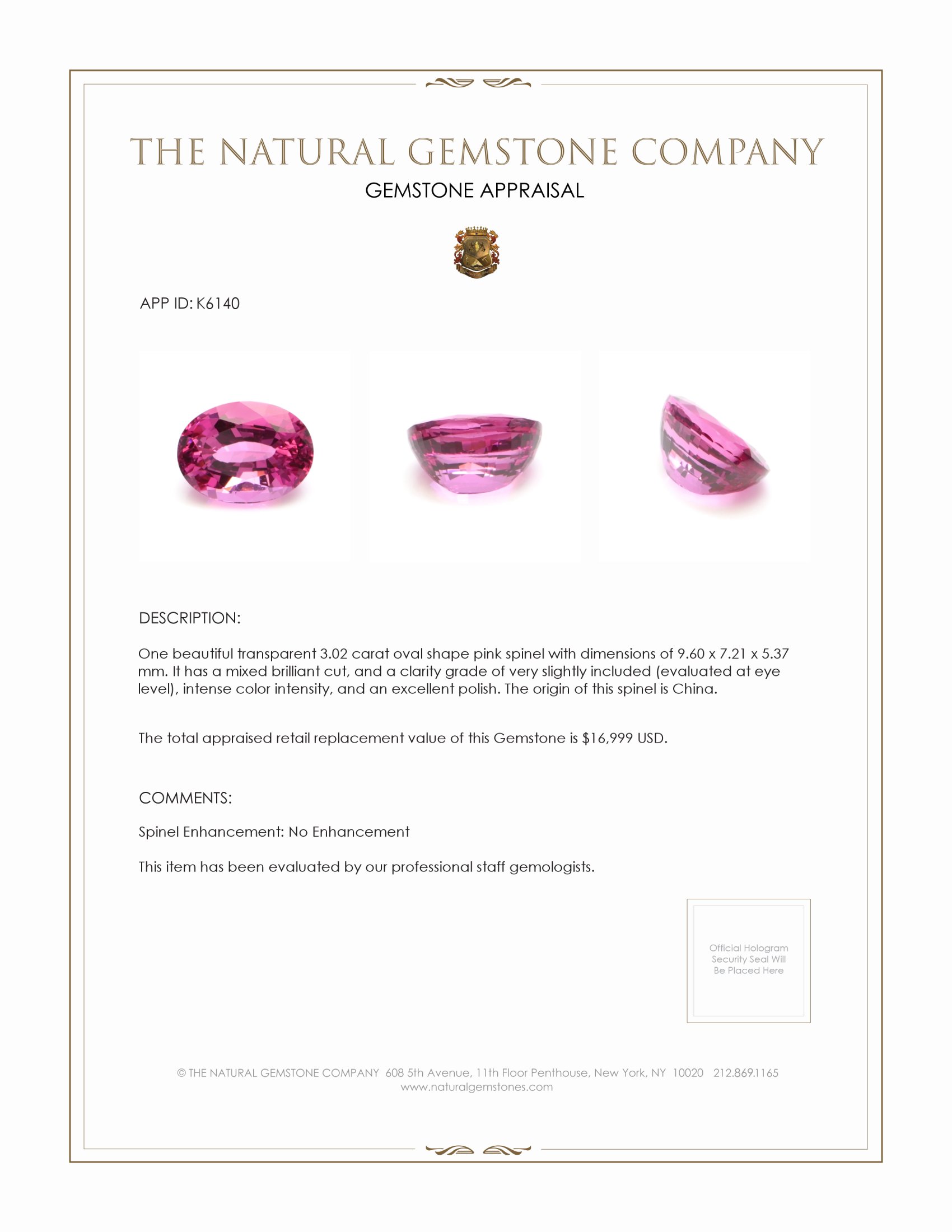 3.02 Ct. Spinel from China