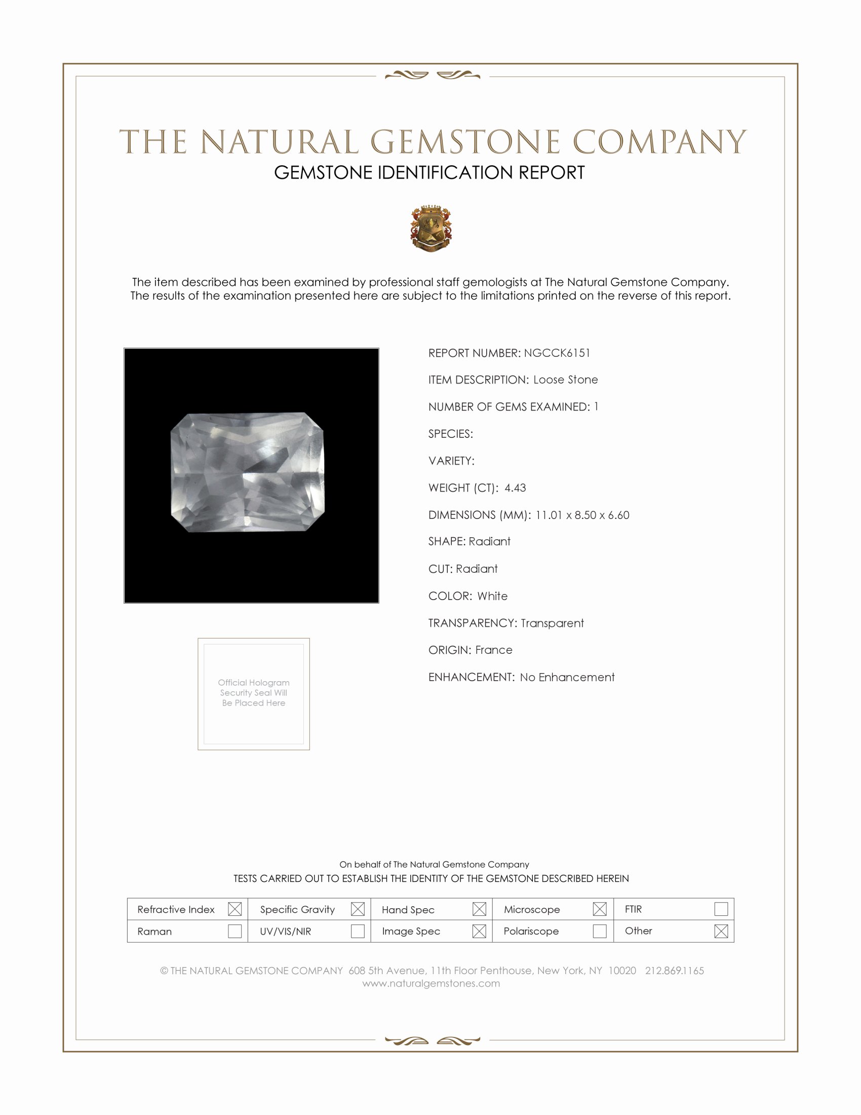 4.43 Ct. White Phenakite from France