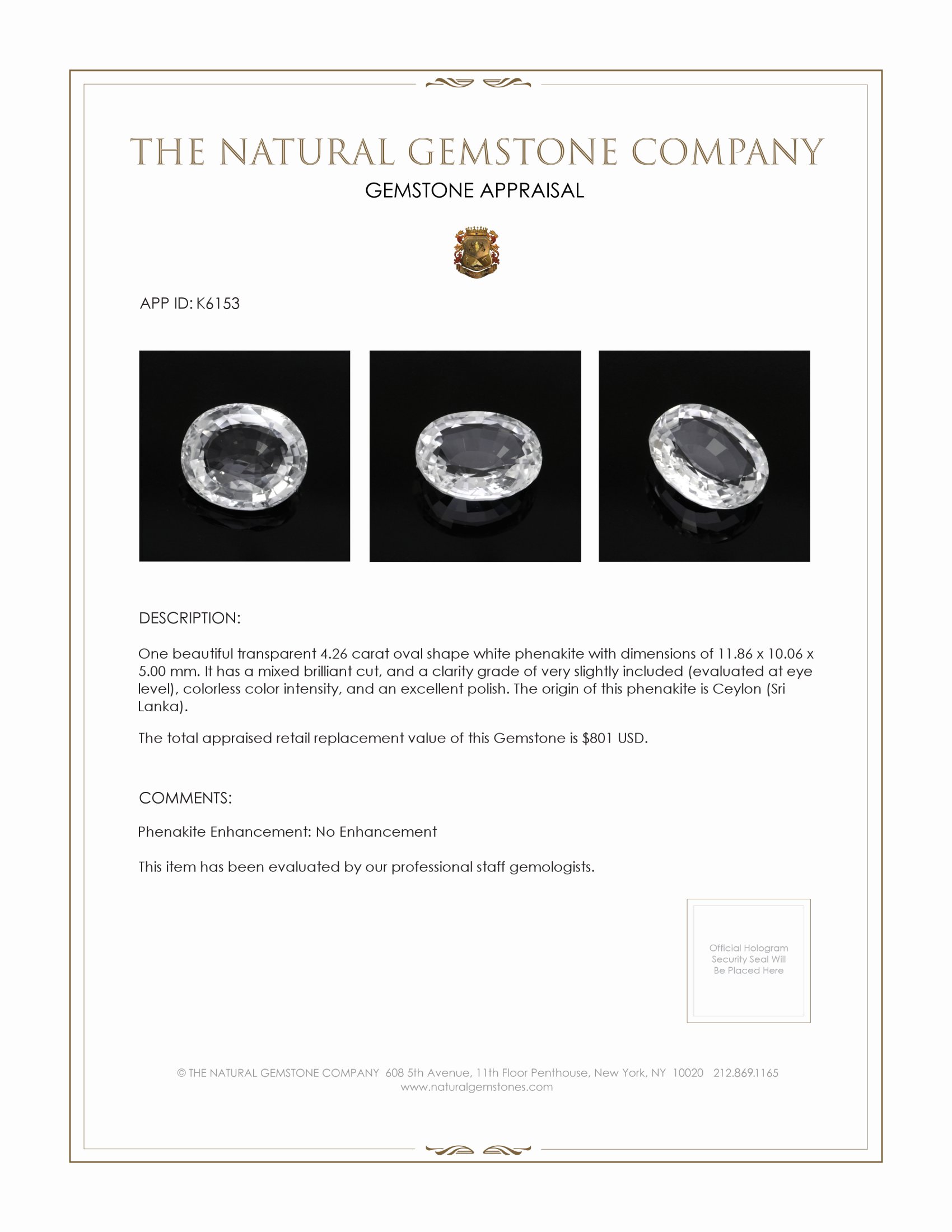 4.26 Ct. Phenakite from Ceylon (Sri Lanka)