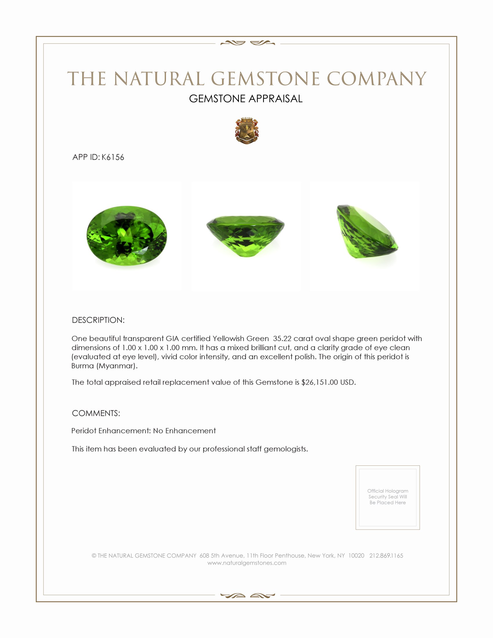 Loose Peridot - Oval 35.22 Ct. - #K6156 | The Natural Gemstones Company