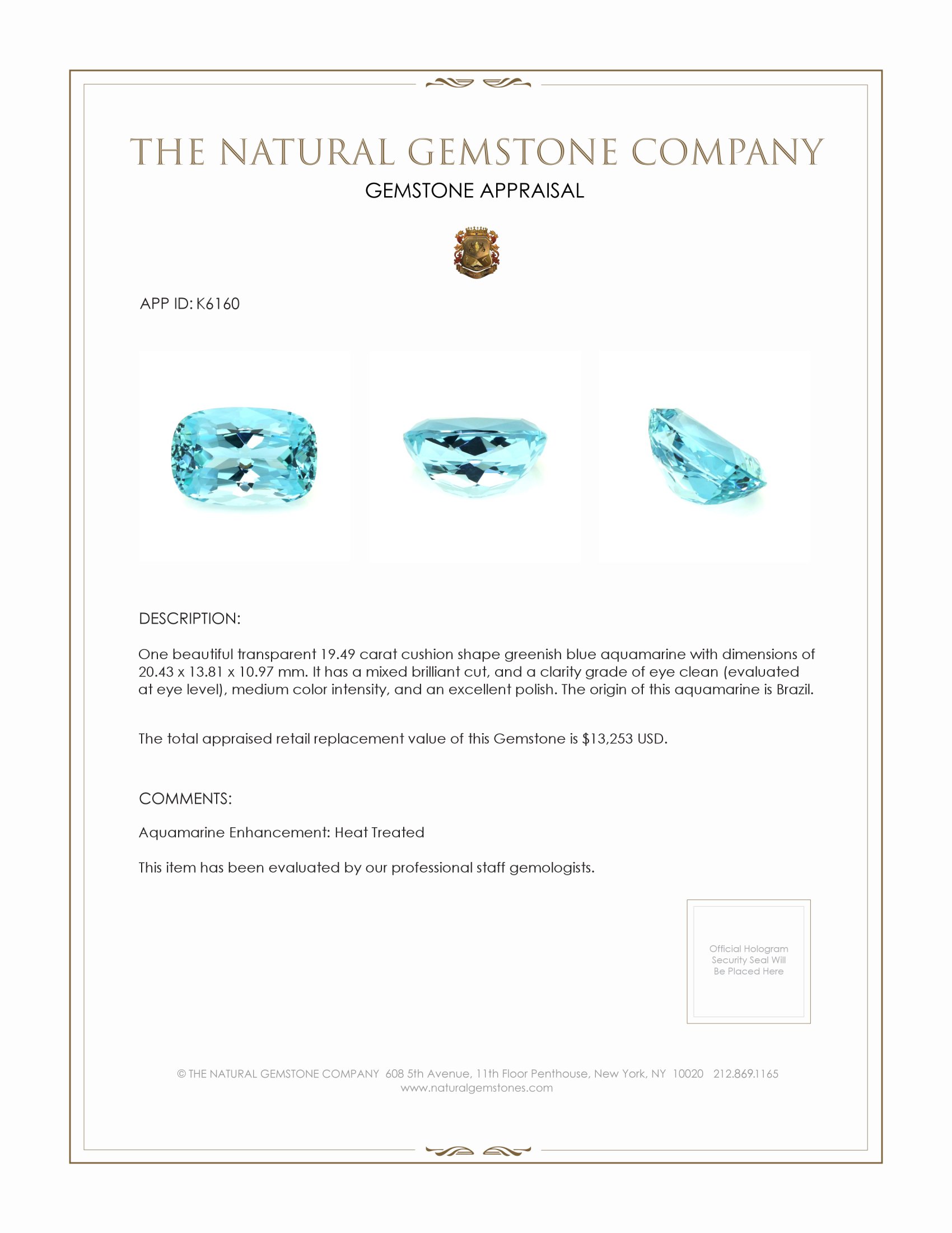 19.49 Ct. Aquamarine from Brazil